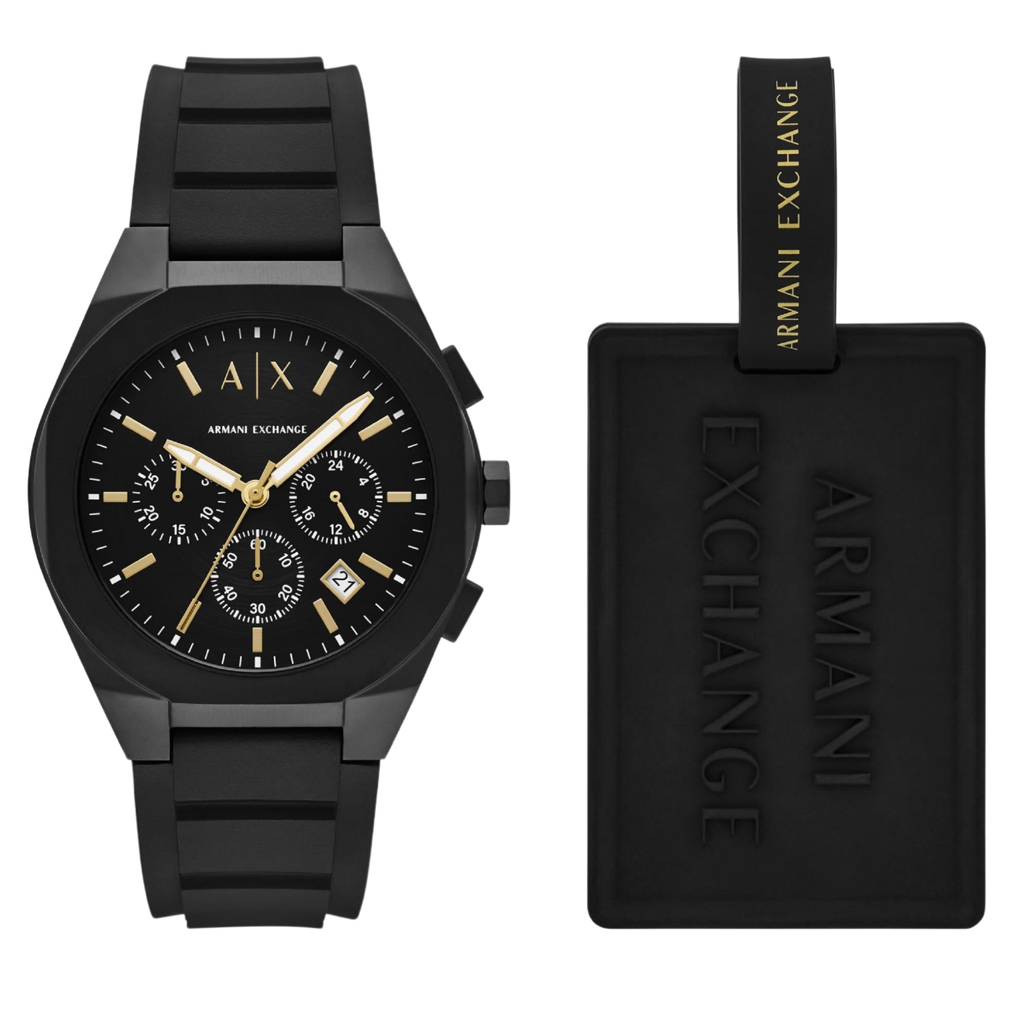 Armani Exchange Sync 42mm Chronograph Black Dial Silicone Mens Quartz Watch and Luggage Tag AX7165SET