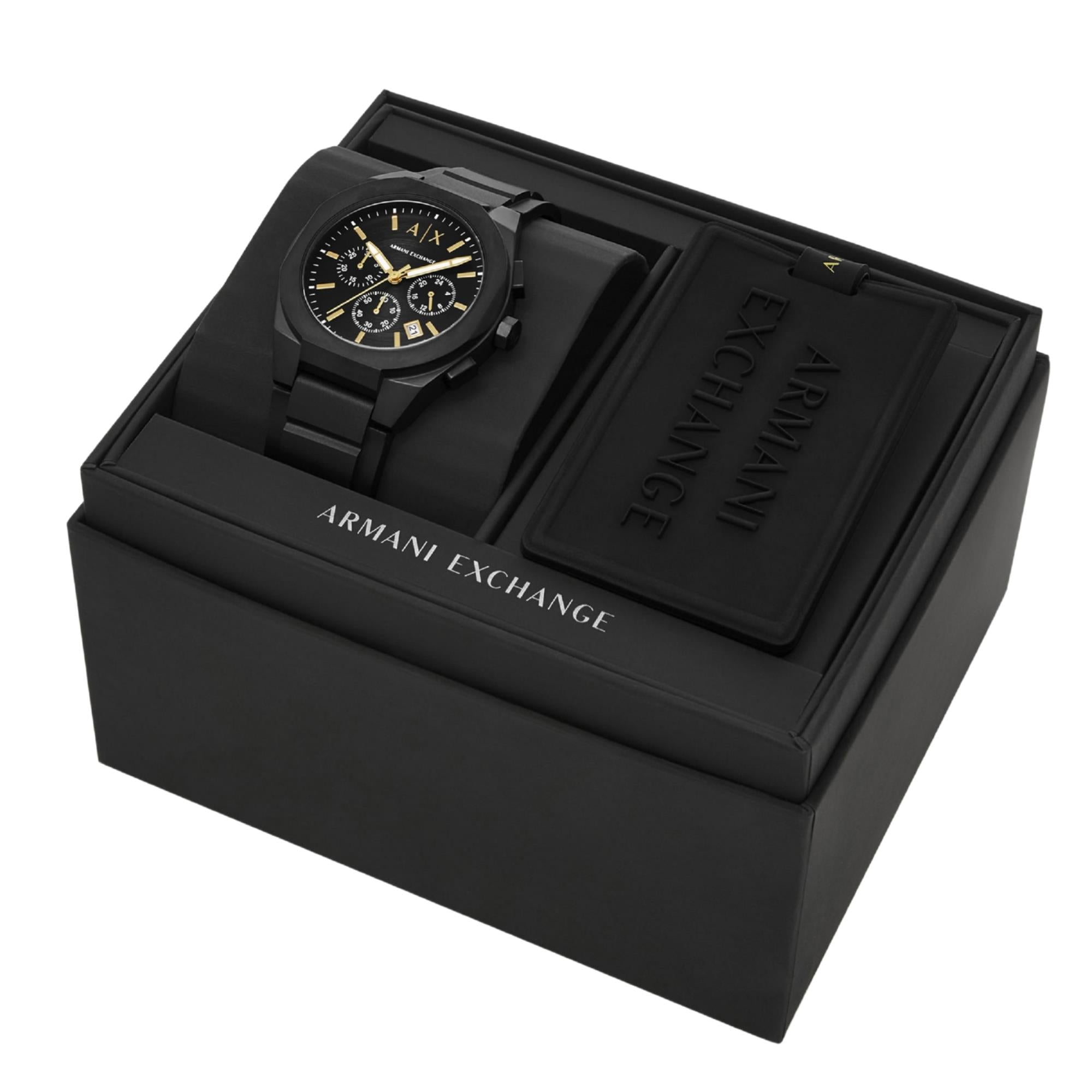 Armani Exchange Sync 42mm Chronograph Black Dial Silicone Mens Quartz Watch and Luggage Tag AX7165SET
