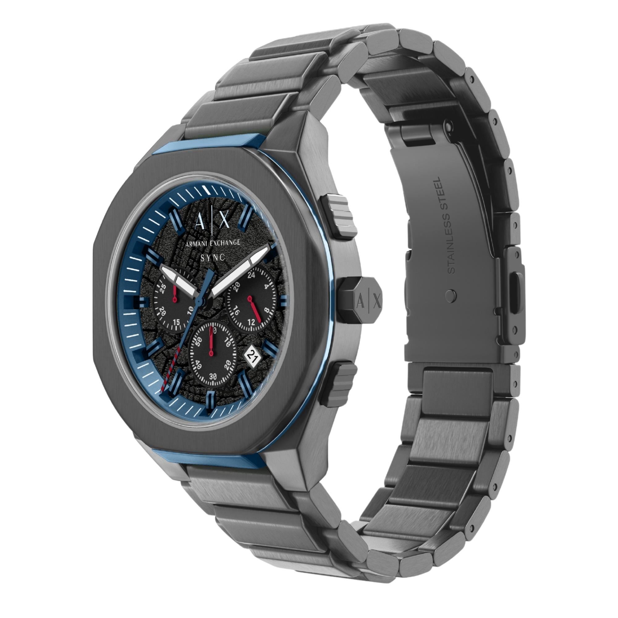 Armani Exchange Sync 44mm Chronograph Black Dial Steel Mens Quartz Watch AX4295