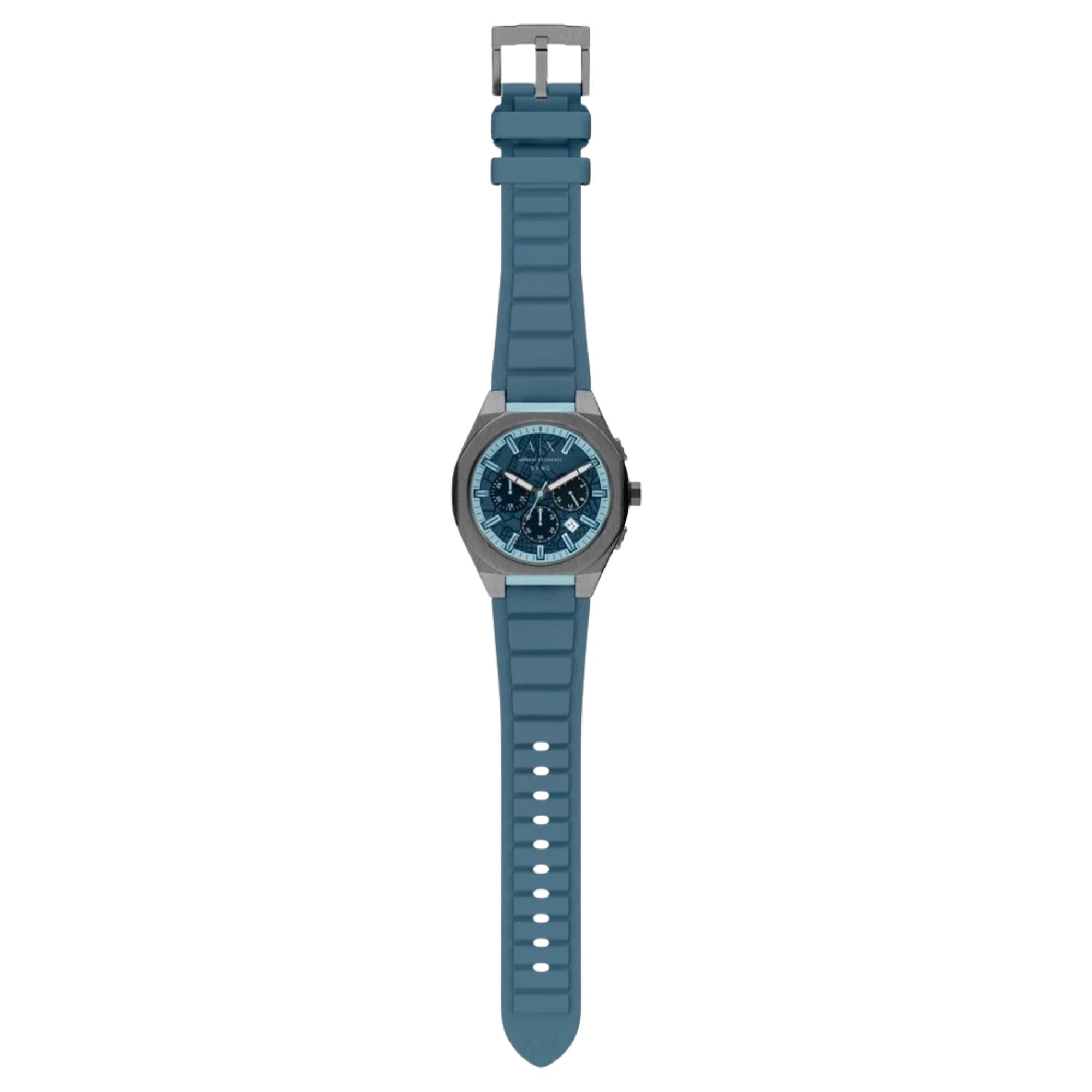 Armani Exchange Sync 44mm Chronograph Blue Dial Silicone Mens Quartz Watch AX4291