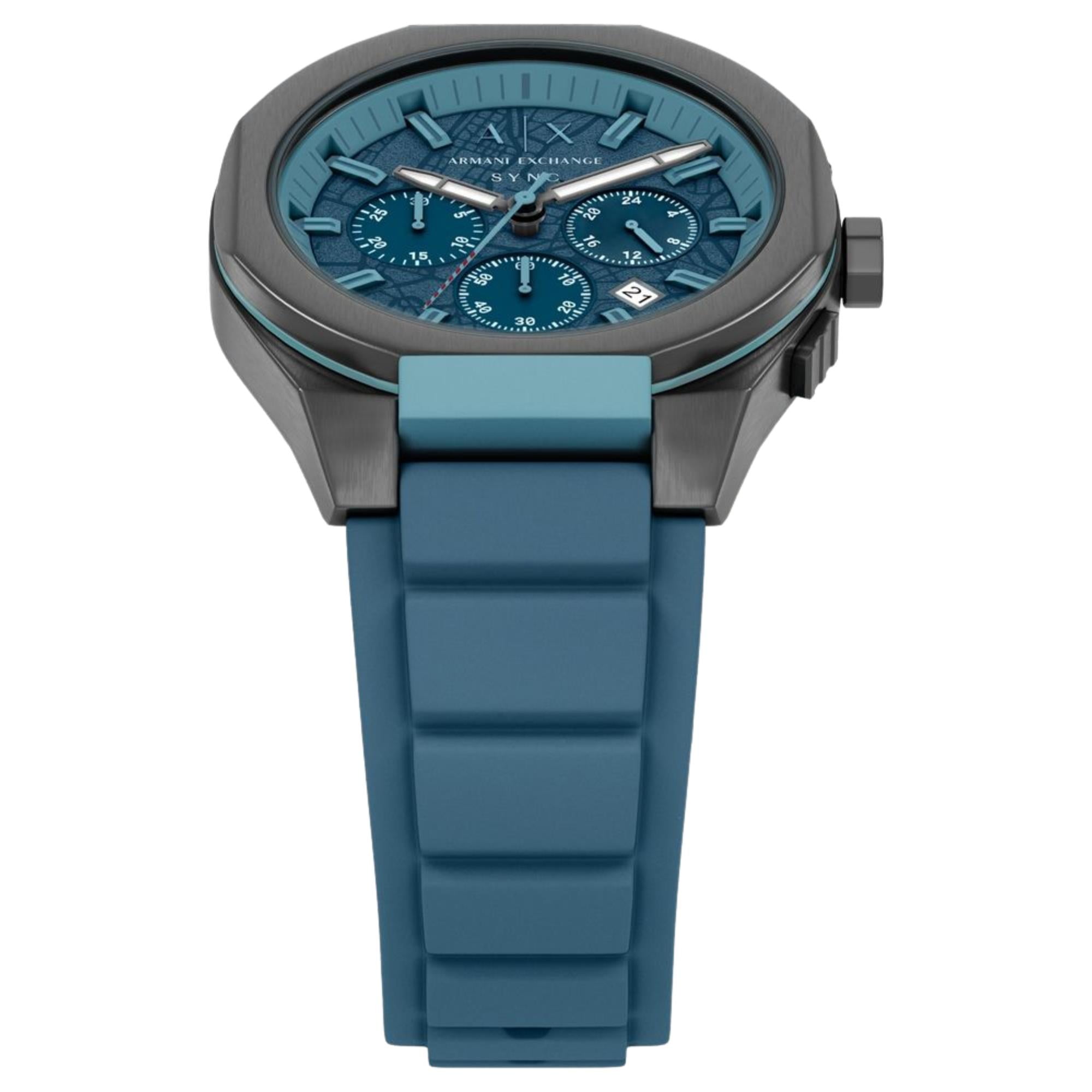Armani Exchange Sync 44mm Chronograph Blue Dial Silicone Mens Quartz Watch AX4291