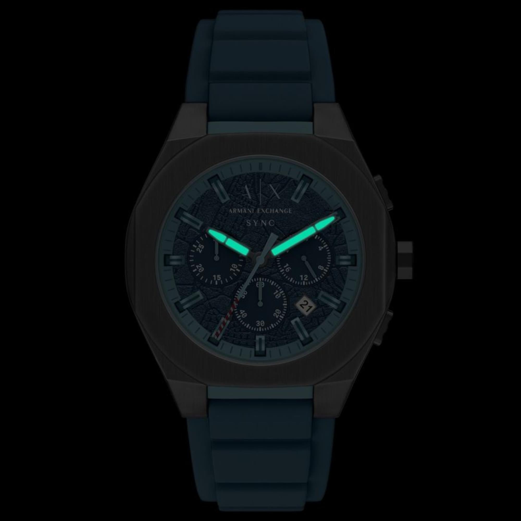 Armani Exchange Sync 44mm Chronograph Blue Dial Silicone Mens Quartz Watch AX4291