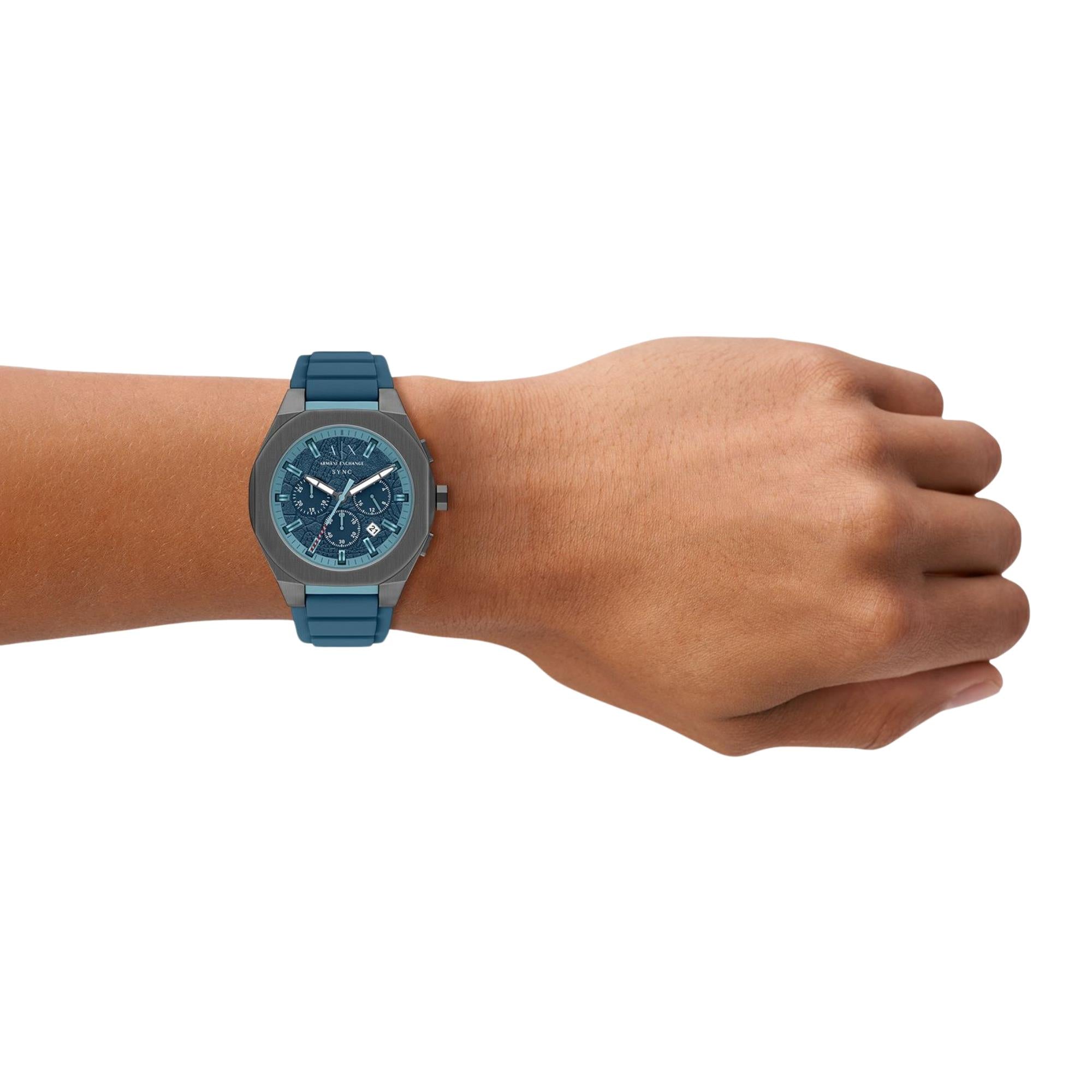 Armani Exchange Sync 44mm Chronograph Blue Dial Silicone Mens Quartz Watch AX4291