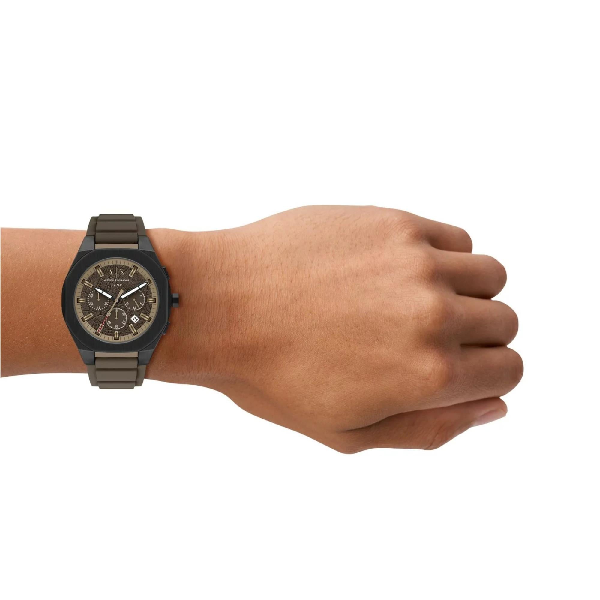 Armani Exchange Sync 44mm Chronograph Brown Dial Silicone Mens Quartz Watch AX4293