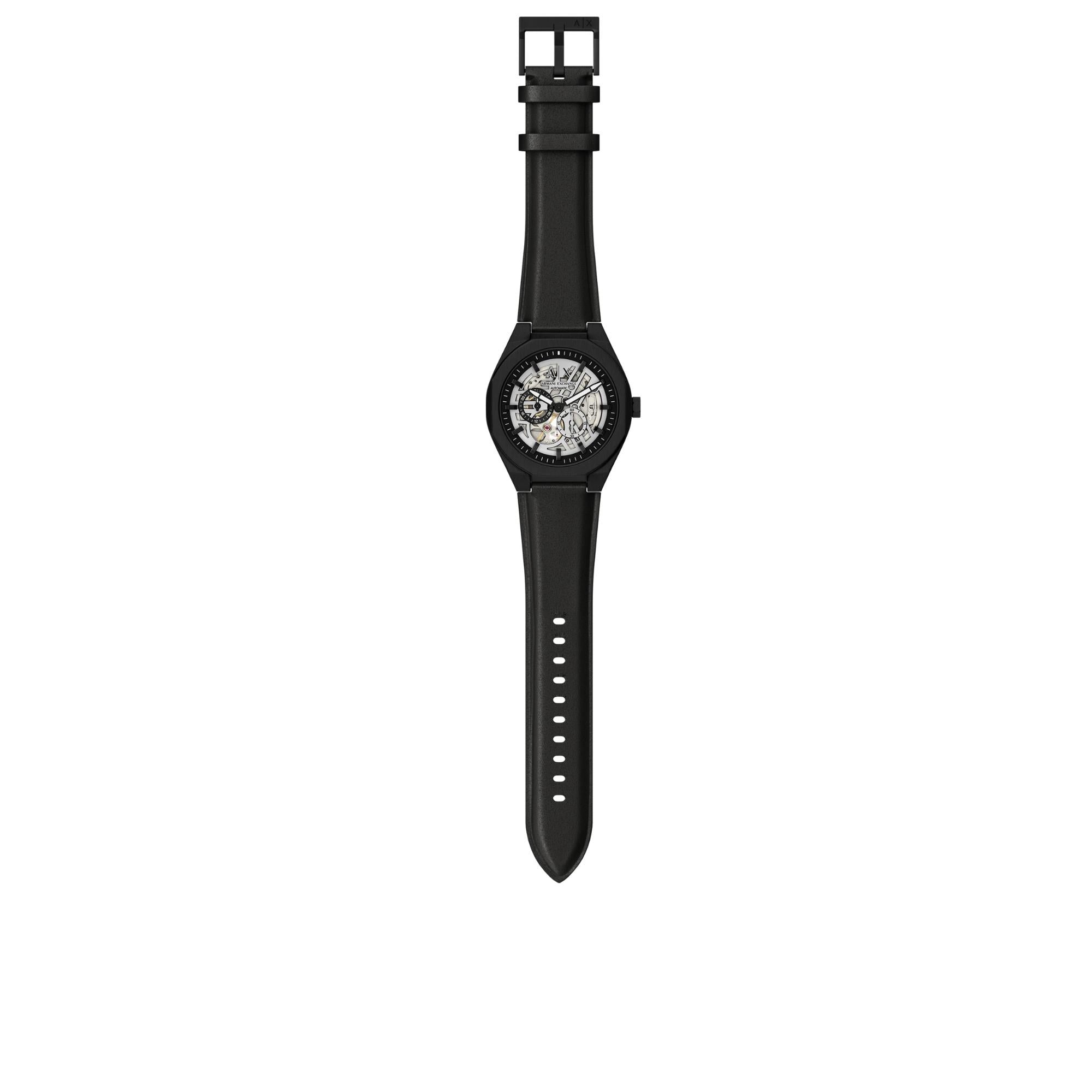 Armani Exchange Sync 44mm Skelett Silbernes Zifferblatt Leder Herren Quarz Uhr AX4297