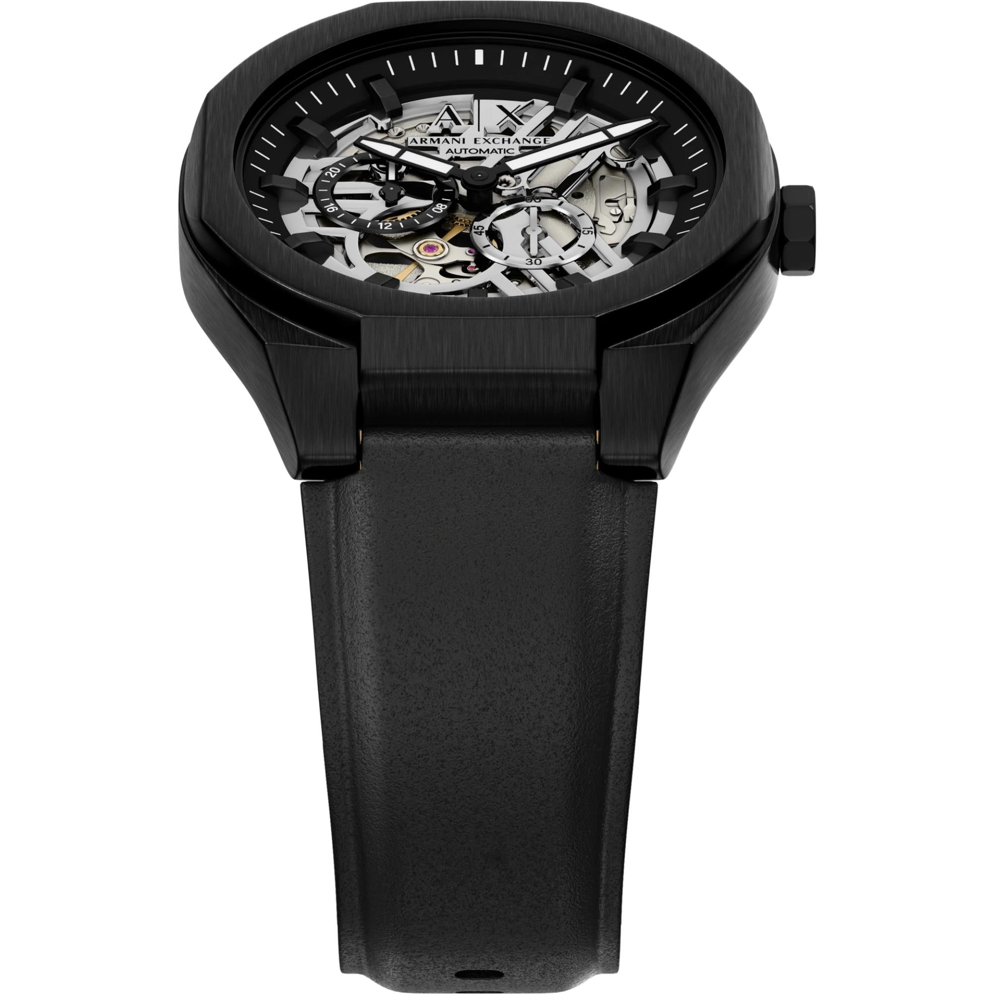 Armani Exchange Sync 44mm Skelett Silbernes Zifferblatt Leder Herren Quarz Uhr AX4297