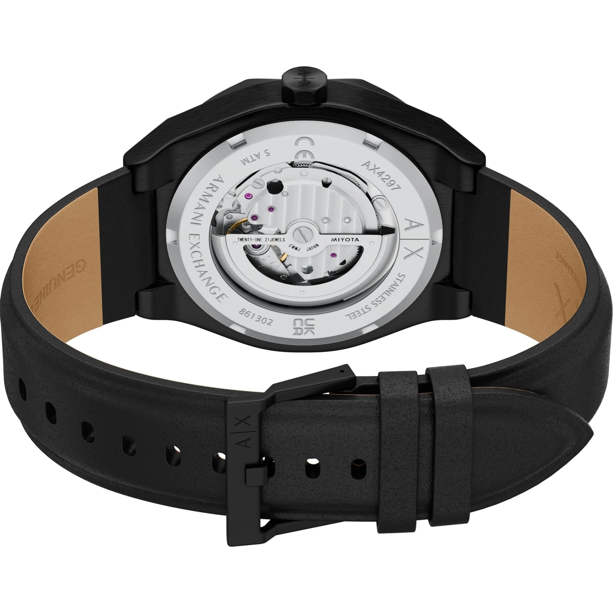 Armani Exchange Sync 44mm Skelett Silbernes Zifferblatt Leder Herren Quarz Uhr AX4297