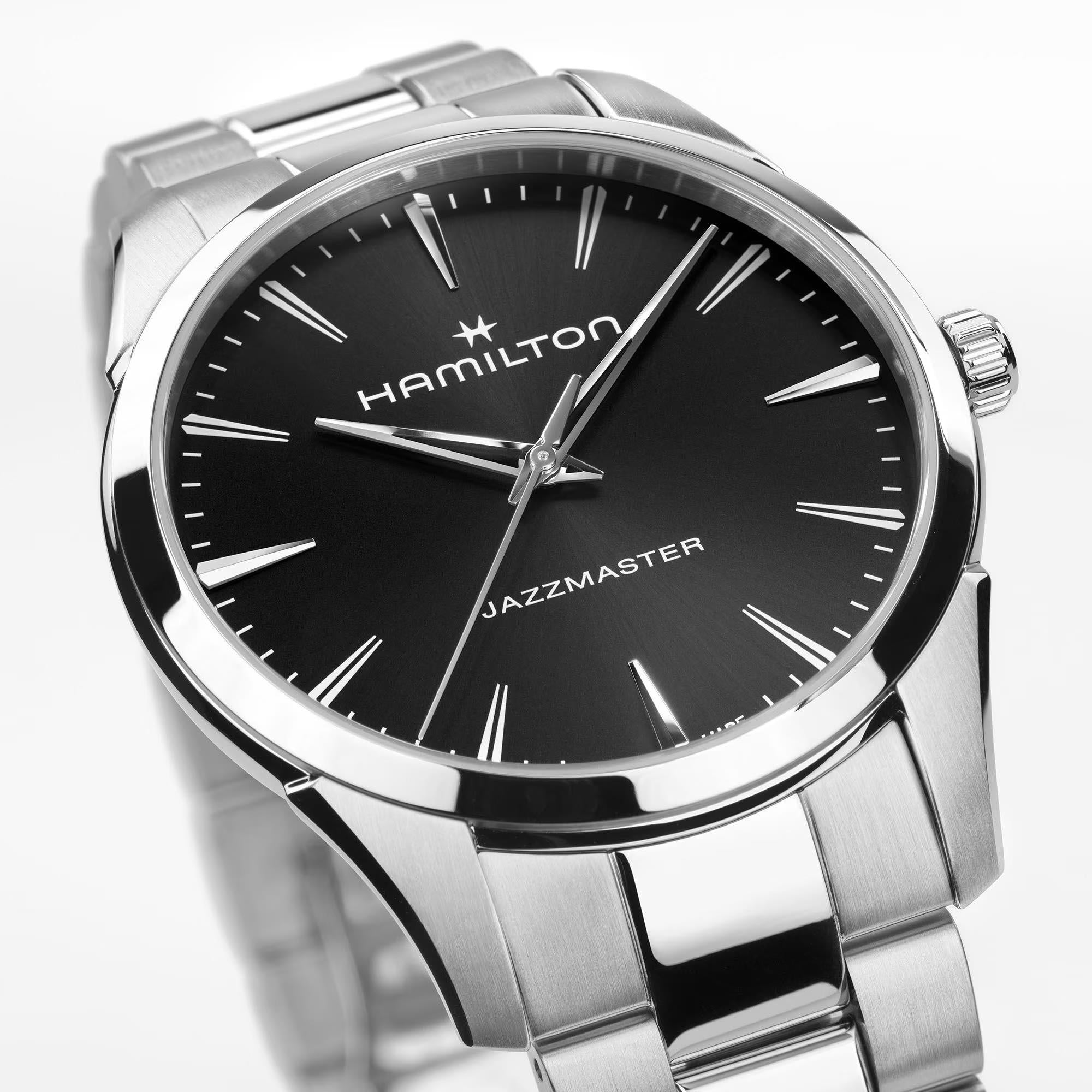 Hamilton H32461131 black dial with applied silver hour markers and slim hands close-up