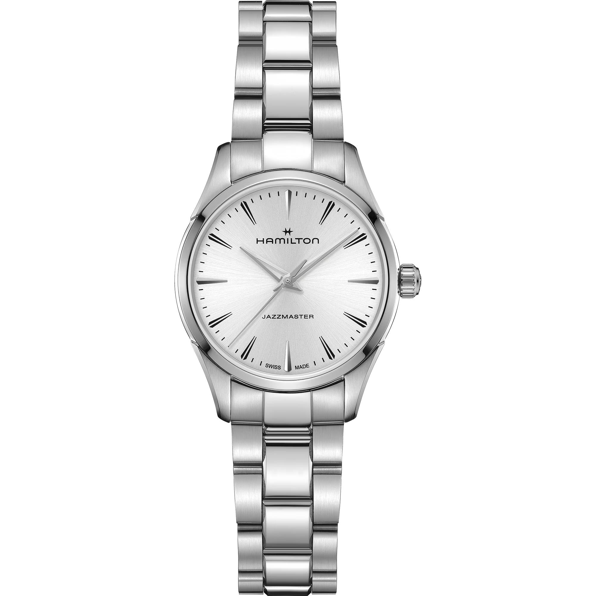 Hamilton Jazzmaster 32mm silver sunray dial steel quartz watch H32301181 front view 