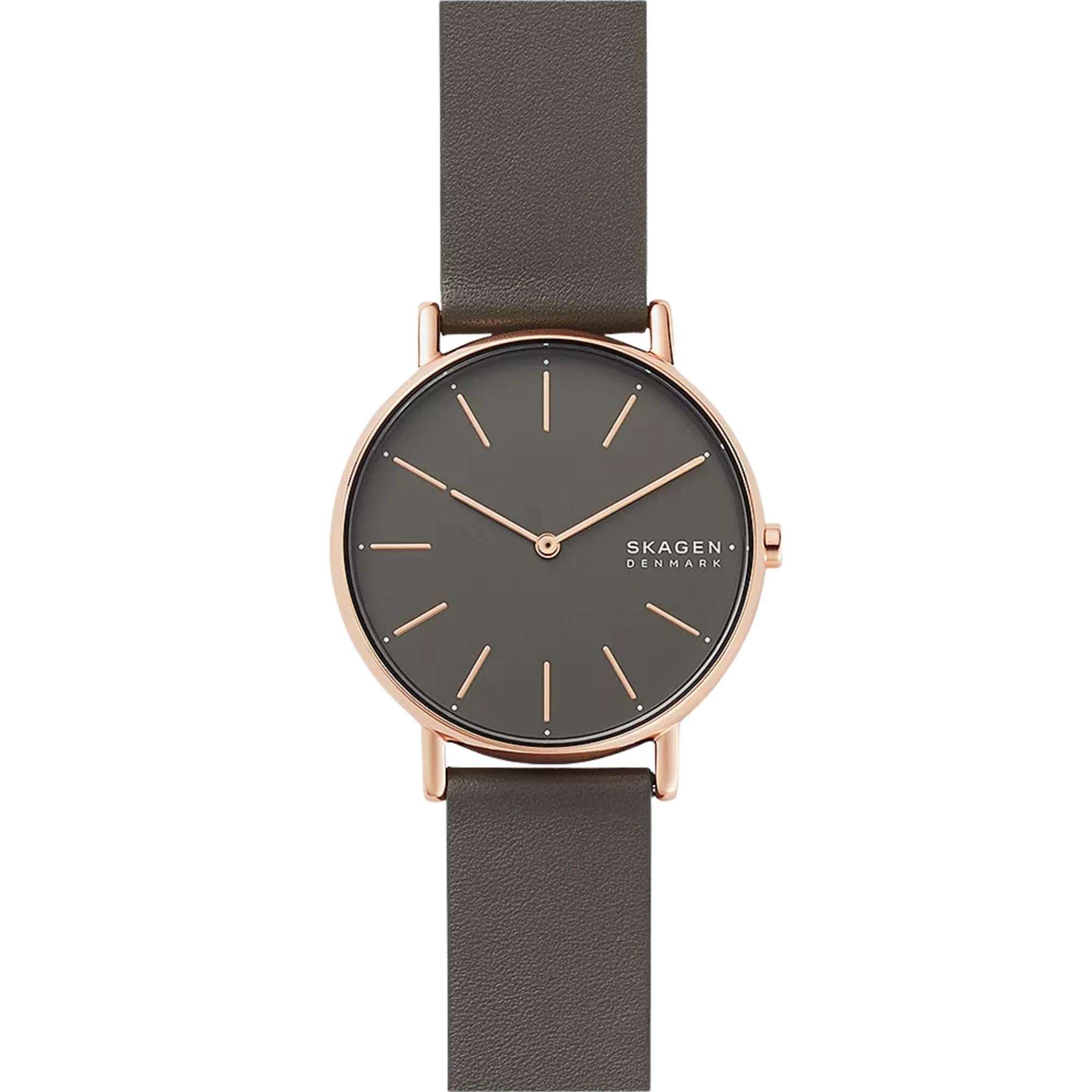 Skagen Signatur 38mm Charcoal Dial Leather Ladies Quartz Watch SKW2794