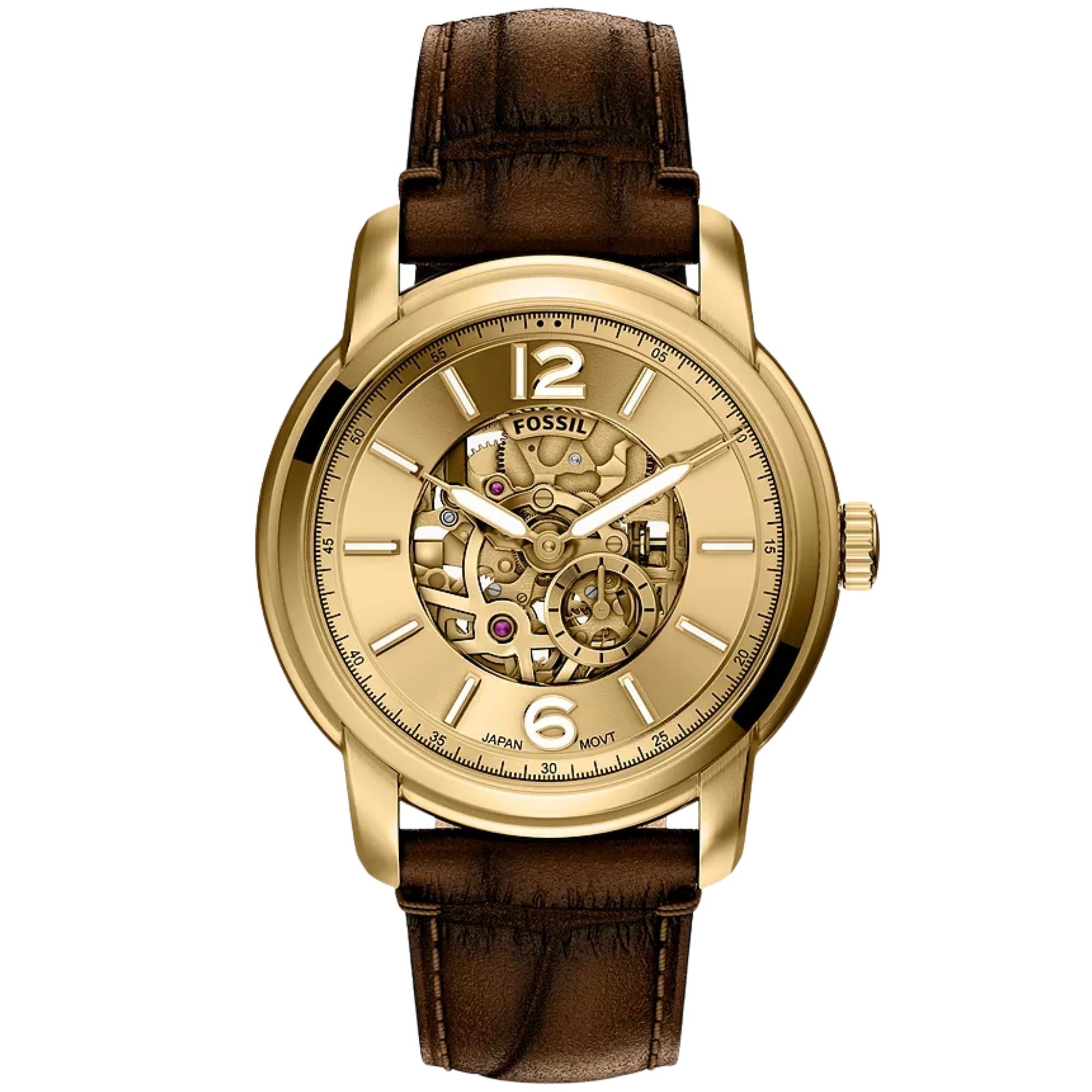 Fossil Heritage 44mm Gold Zifferblatt Leder Herren Automatik Uhr ME3279
