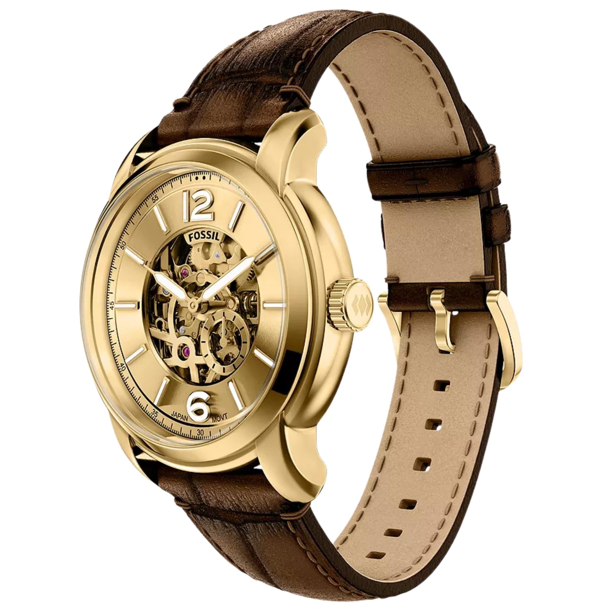Fossil Heritage 44mm Gold Zifferblatt Leder Herren Automatik Uhr ME3279