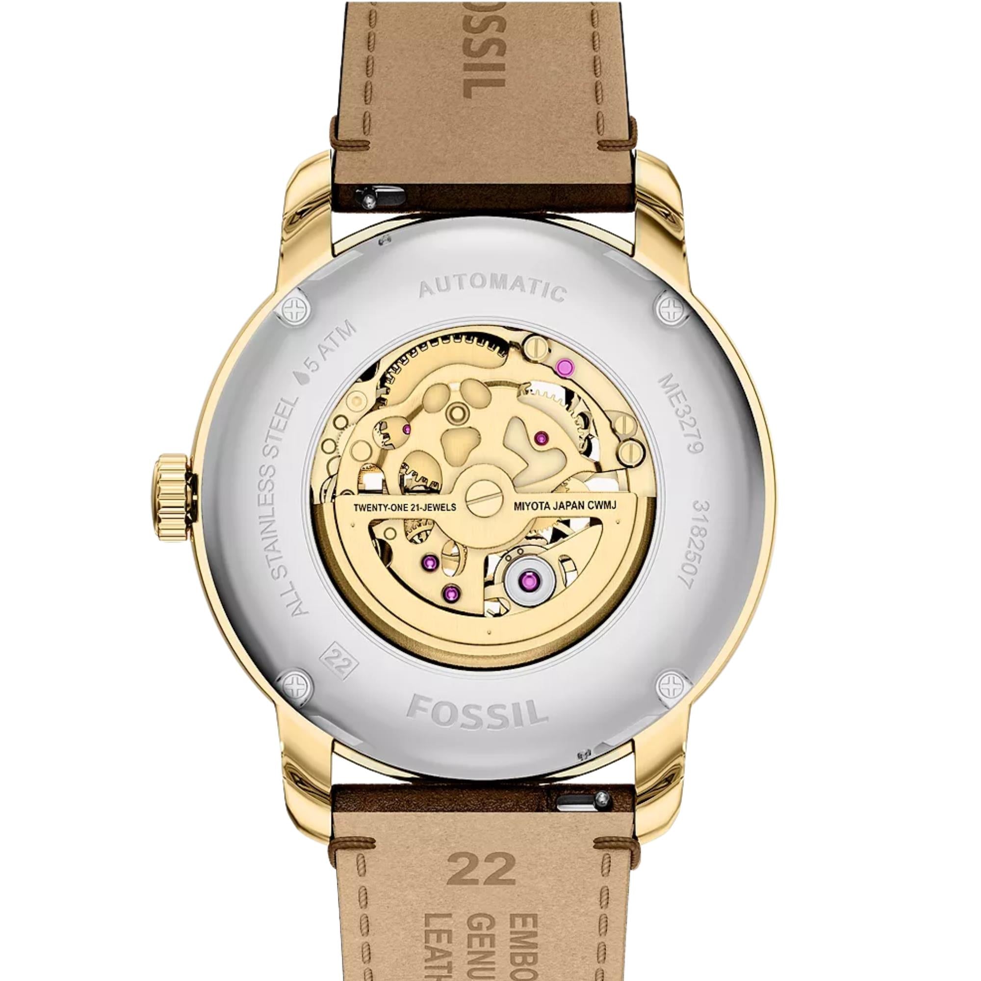 Fossil Heritage 44mm Gold Zifferblatt Leder Herren Automatik Uhr ME3279