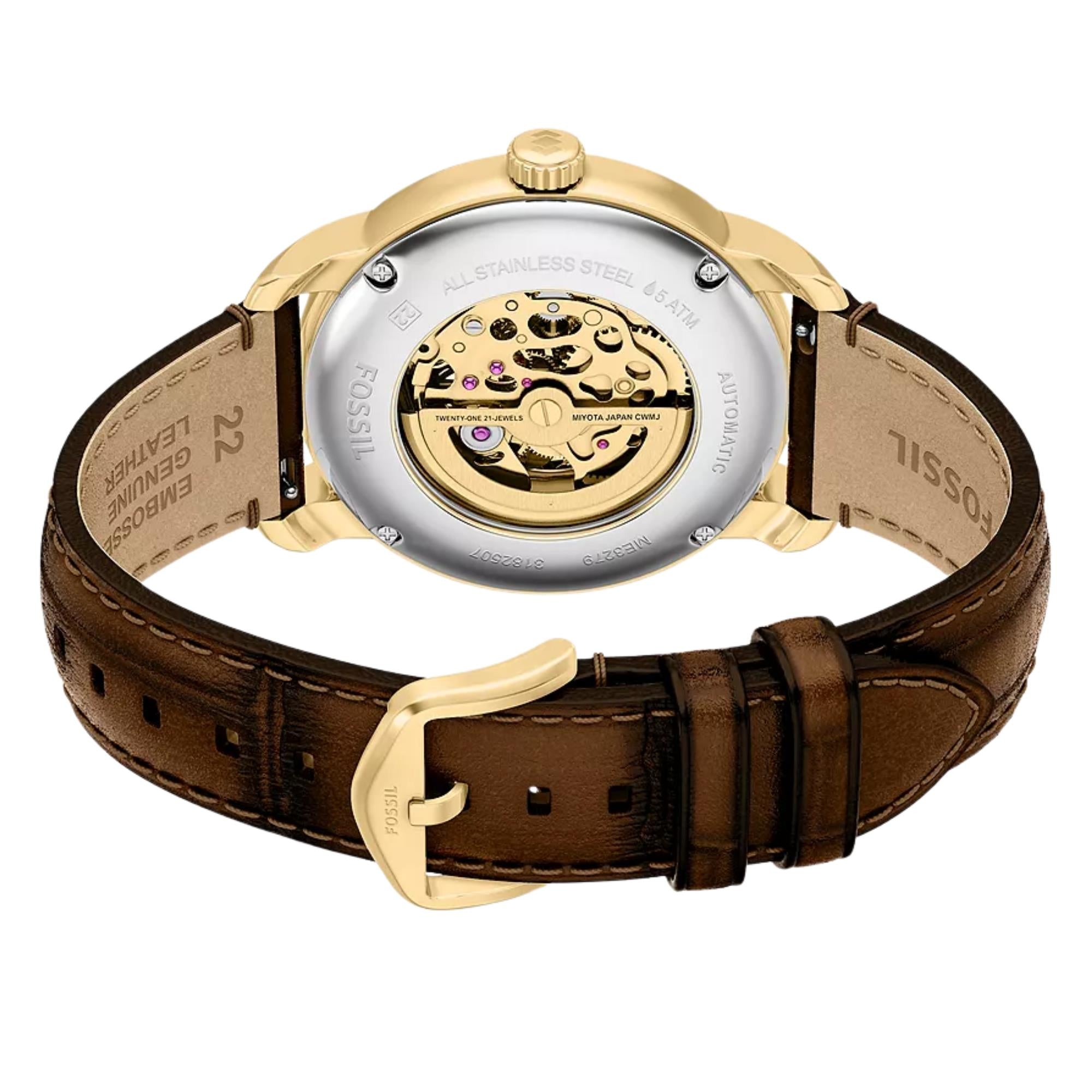 Fossil Heritage 44mm Gold Zifferblatt Leder Herren Automatik Uhr ME3279