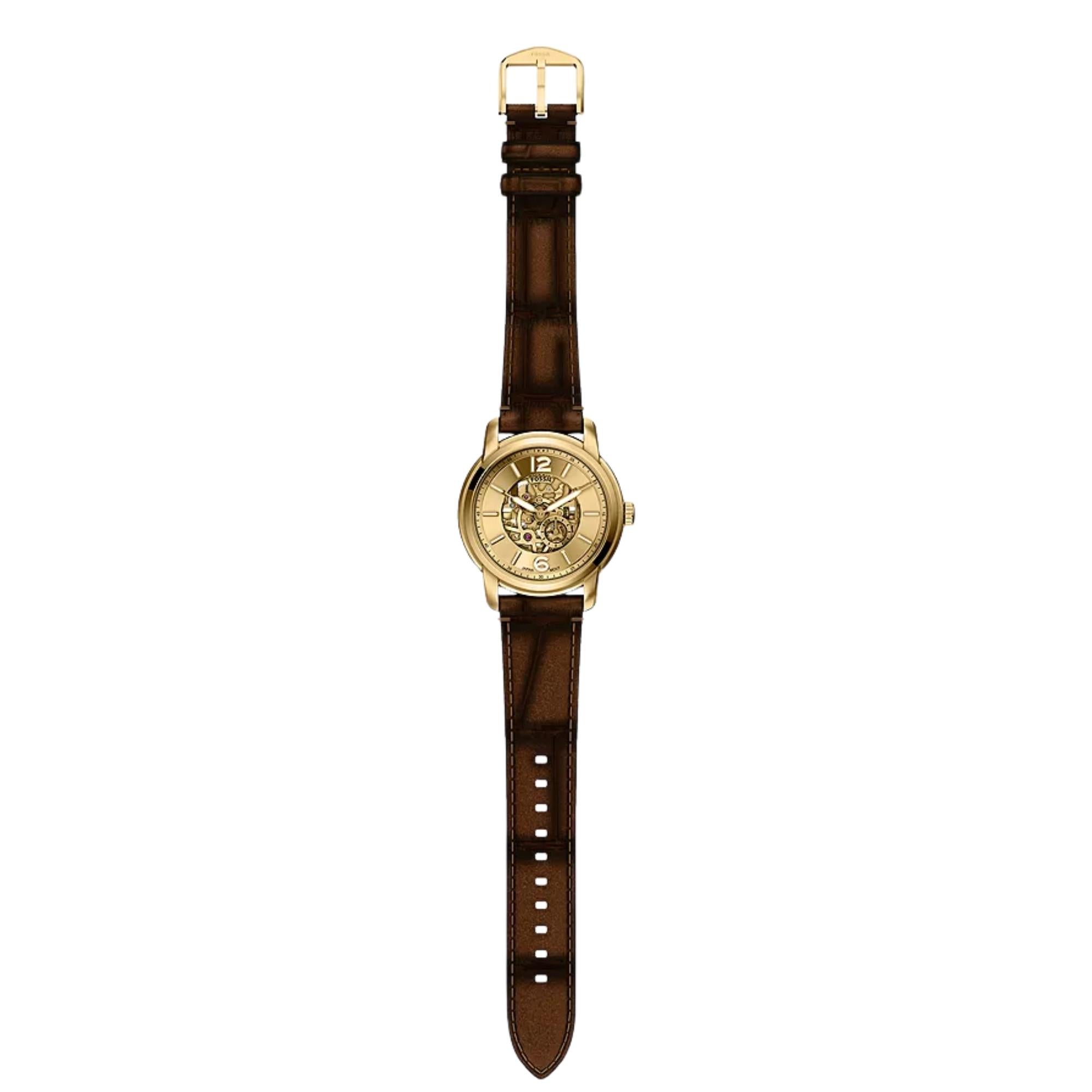 Fossil Heritage 44mm Gold Zifferblatt Leder Herren Automatik Uhr ME3279