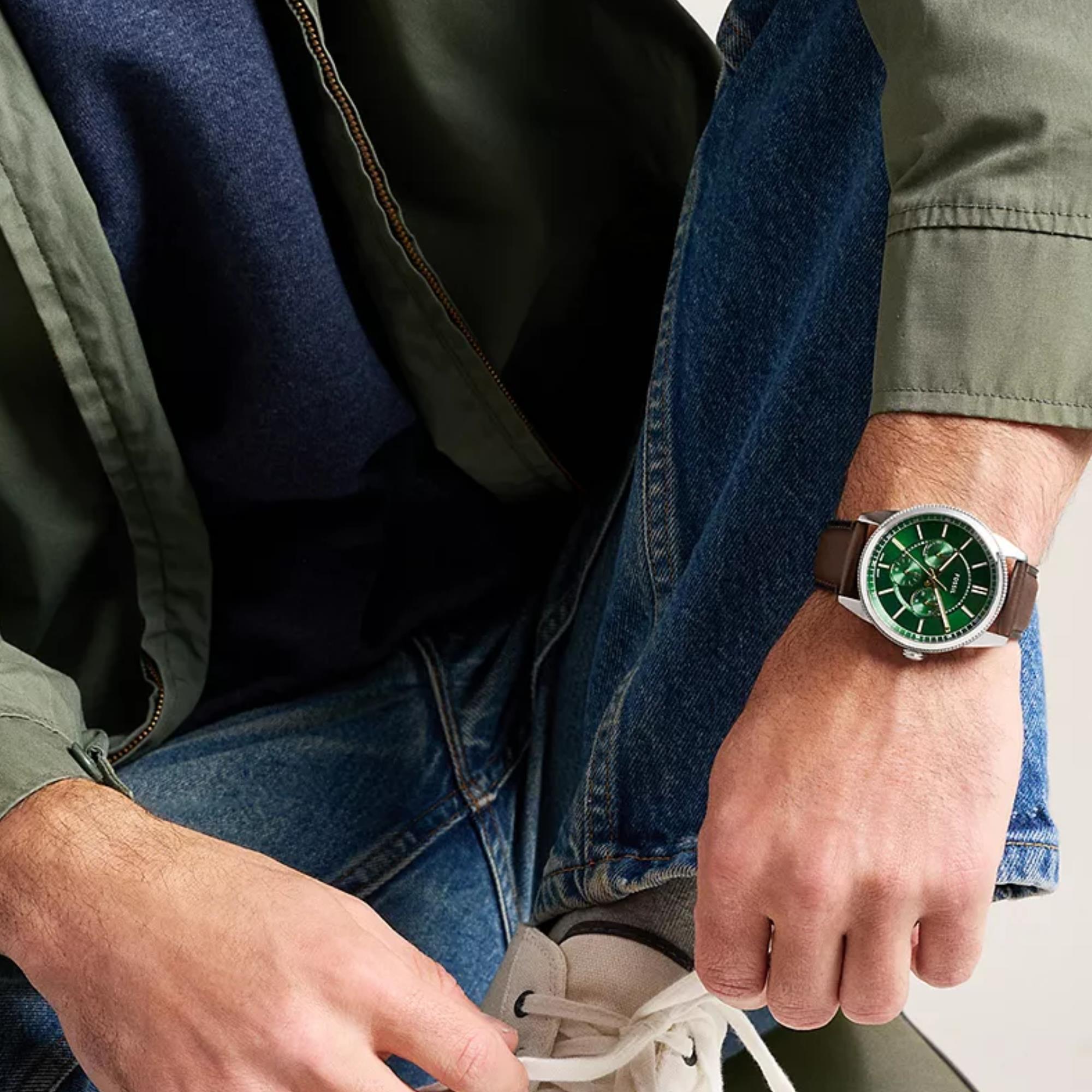 Fossil Pearson 42mm Chronograph Grünes Zifferblatt Leder Herren Quarz Uhr FS6137