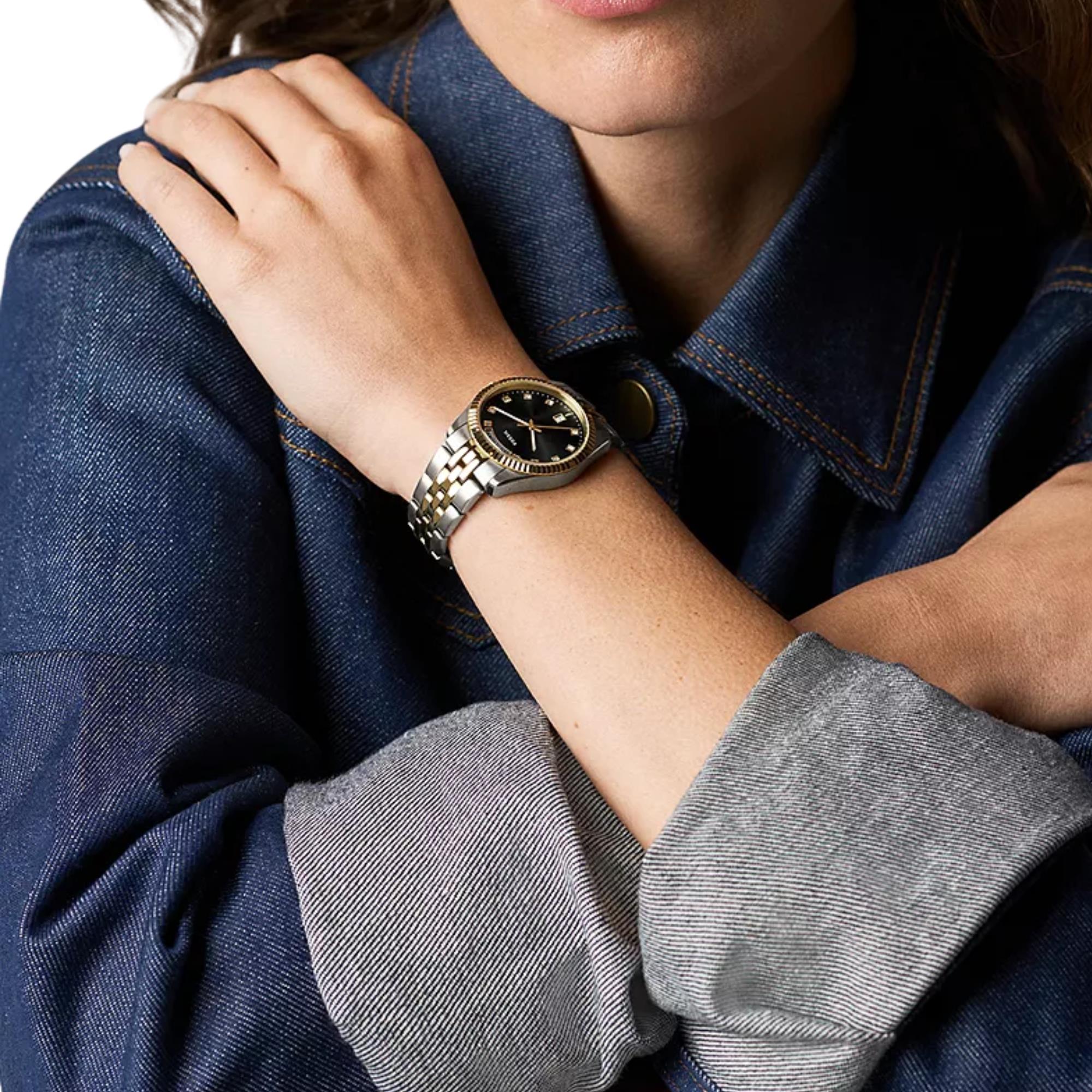 Fossil Scarlette 34mm Black Dial Steel Ladies Quartz Watch ES5458
