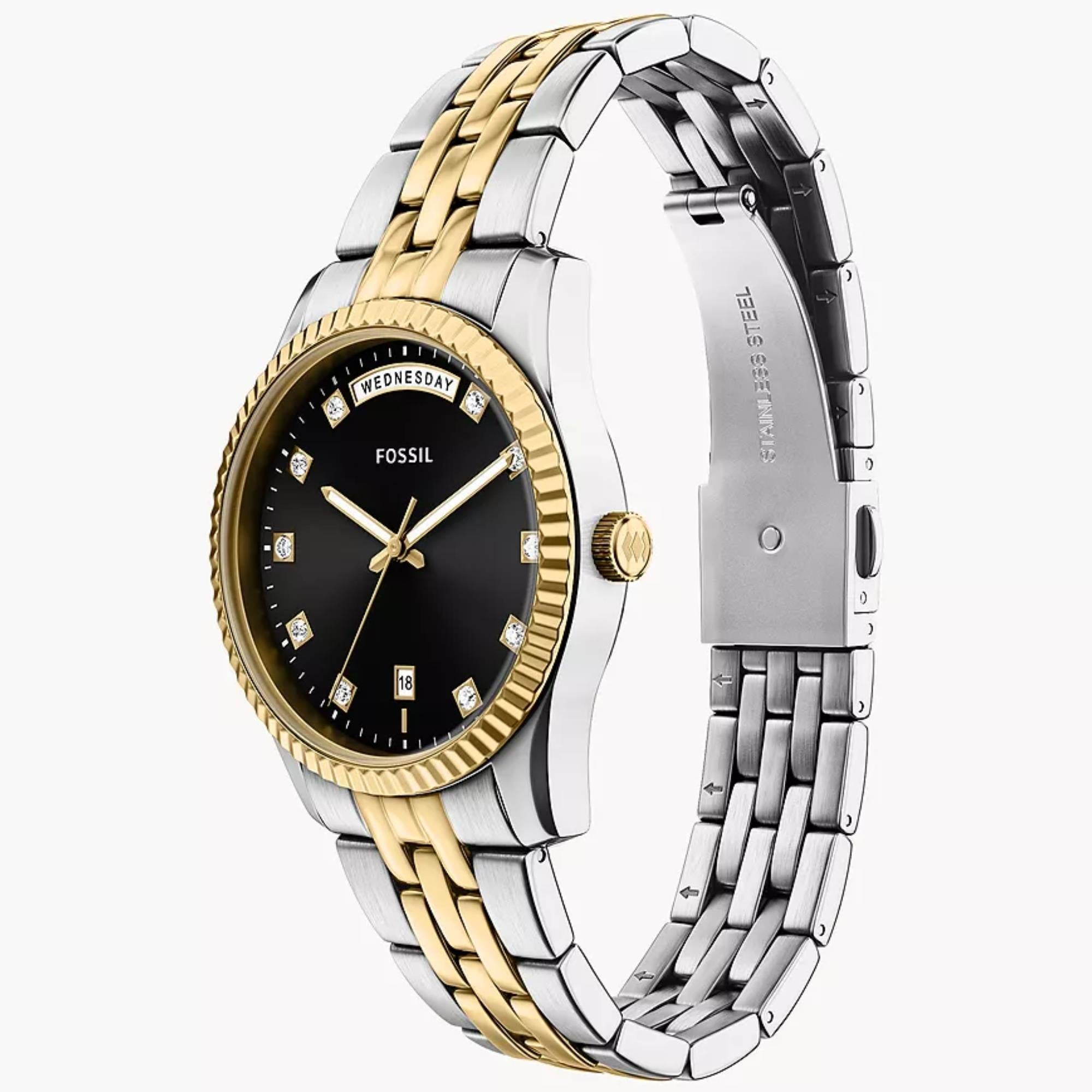 Fossil Scarlette 34mm Black Dial Steel Ladies Quartz Watch ES5458
