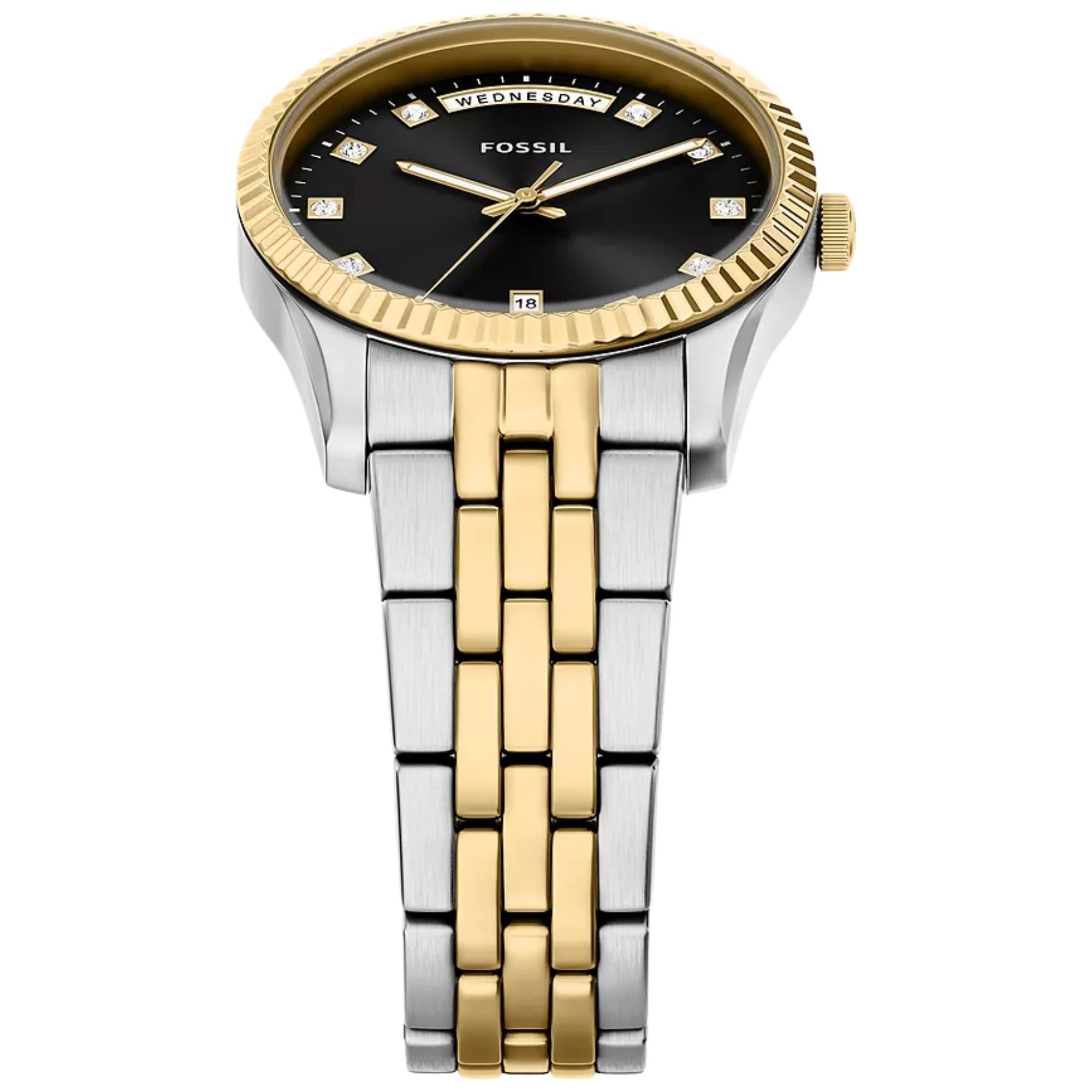 Fossil Scarlette 34mm Black Dial Steel Ladies Quartz Watch ES5458