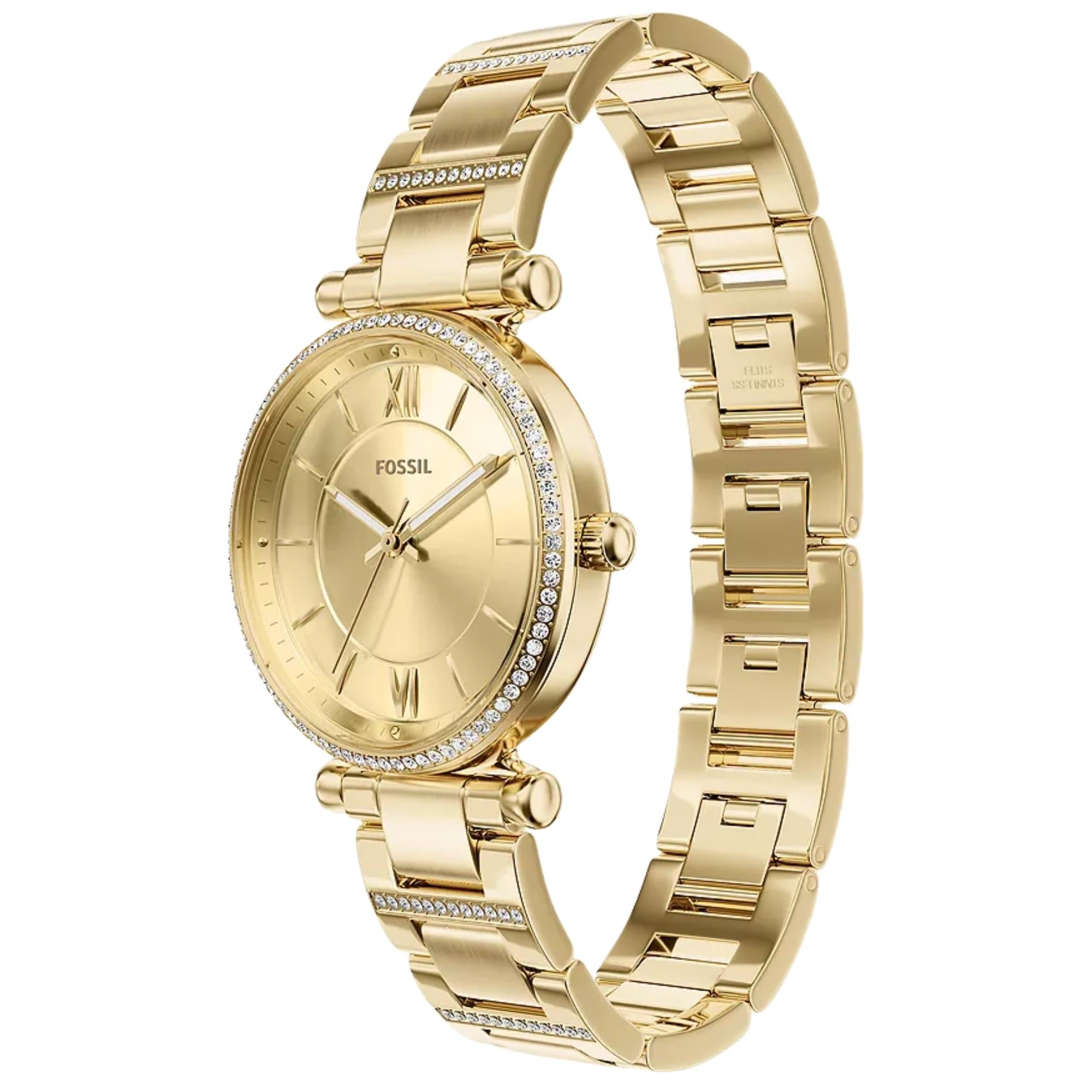 Fossil Carlie 35mm Gold Dial Steel Ladies Quartz Watch ES5465