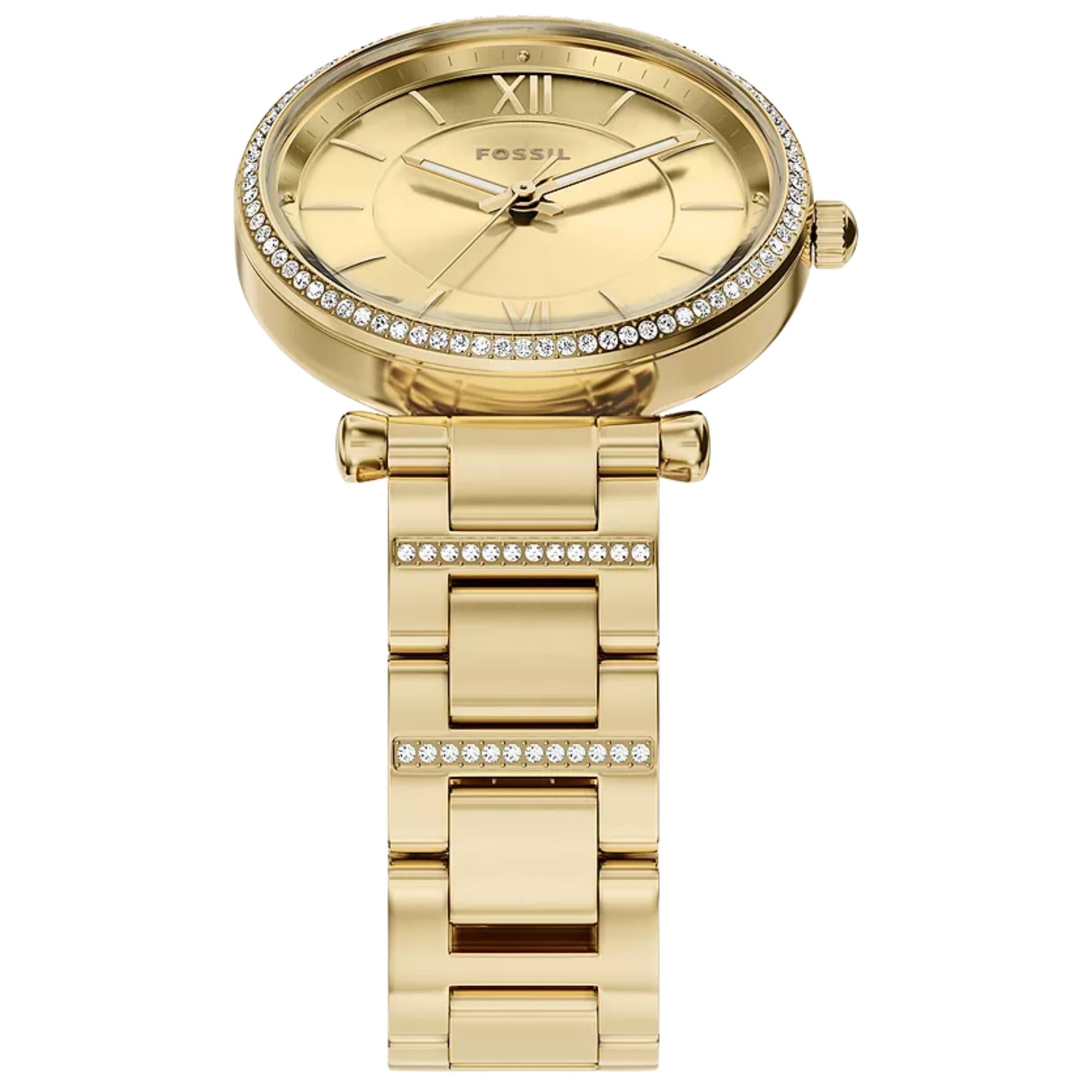 Fossil Carlie 35mm Gold Dial Steel Ladies Quartz Watch ES5465