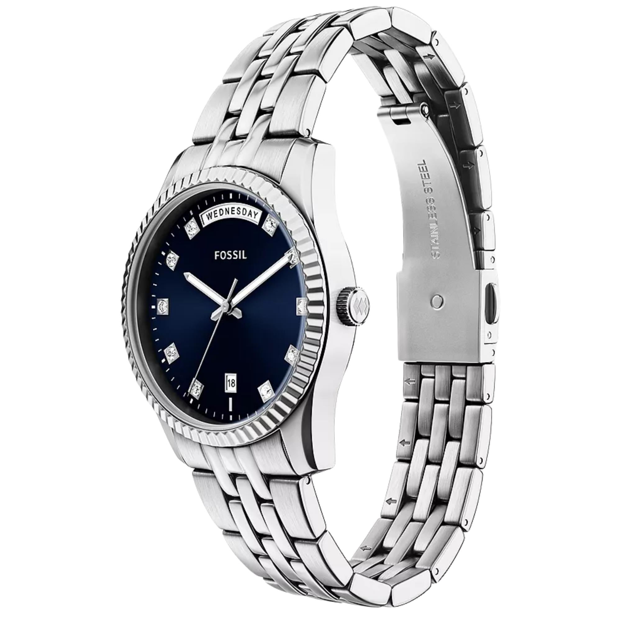Fossil  Scarlette 34mm Blue Dial Steel Ladies Quartz Watch ES5457