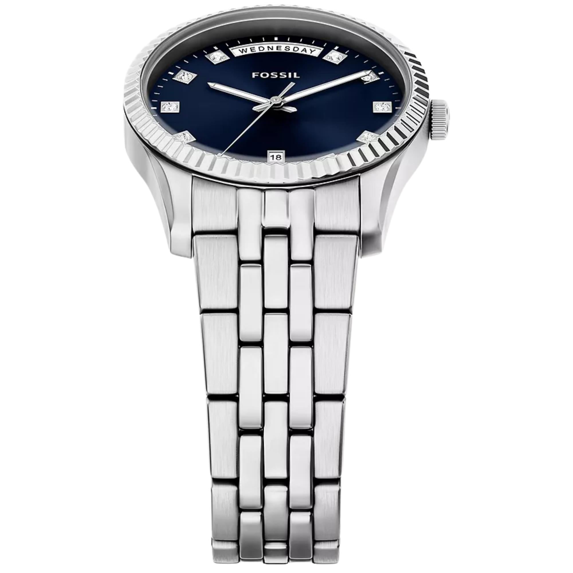 Fossil  Scarlette 34mm Blue Dial Steel Ladies Quartz Watch ES5457