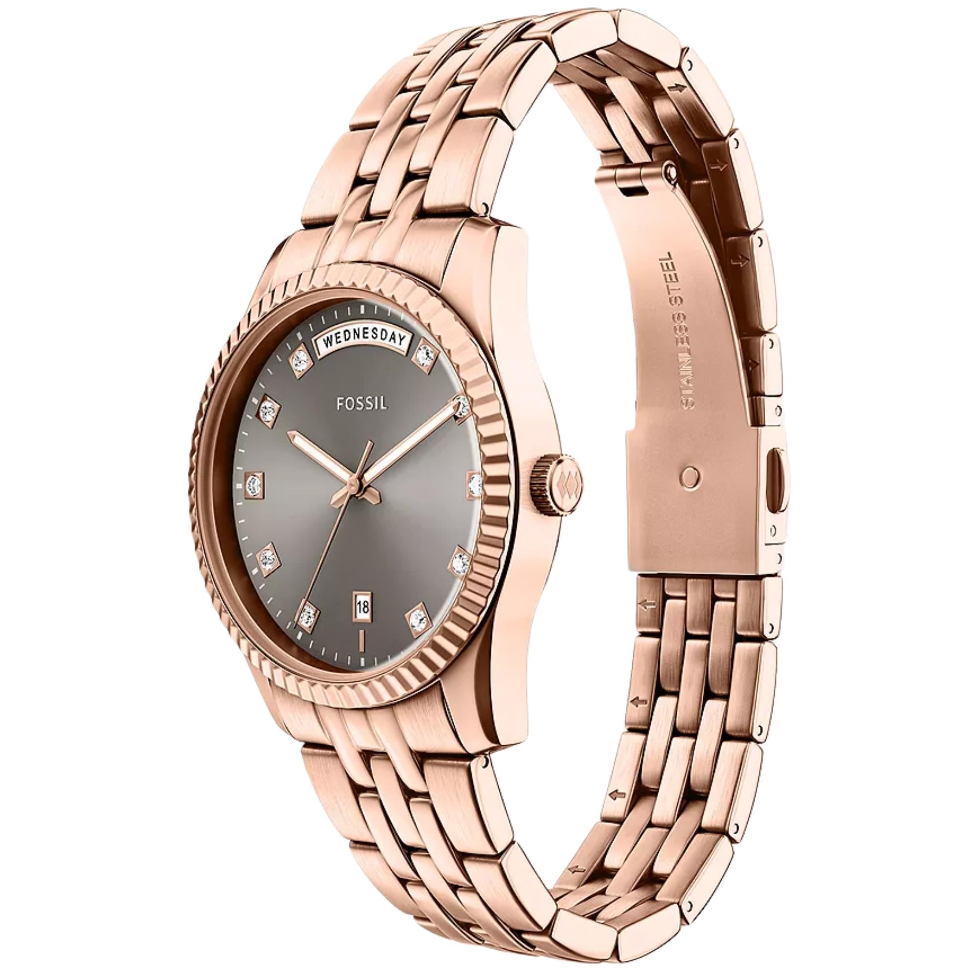Fossil Scarlette 34mm Grey Dial Steel Ladies Quartz Watch ES5459