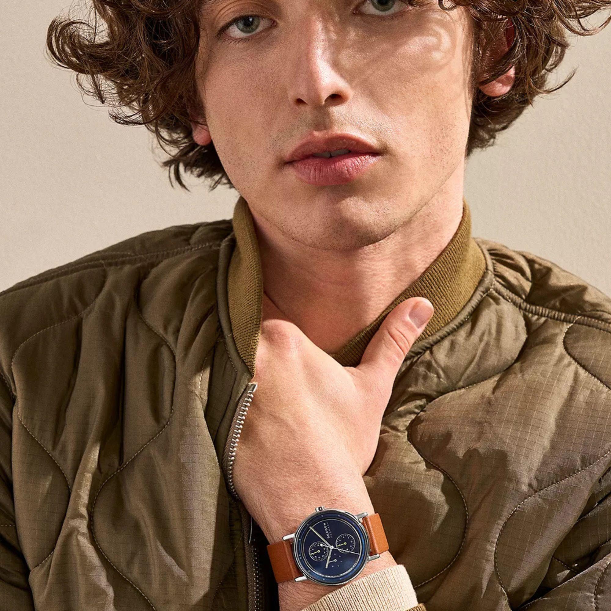 Skagen Signatur Multifunction Blue Dial Leather Strap Men's Watch SKW6943