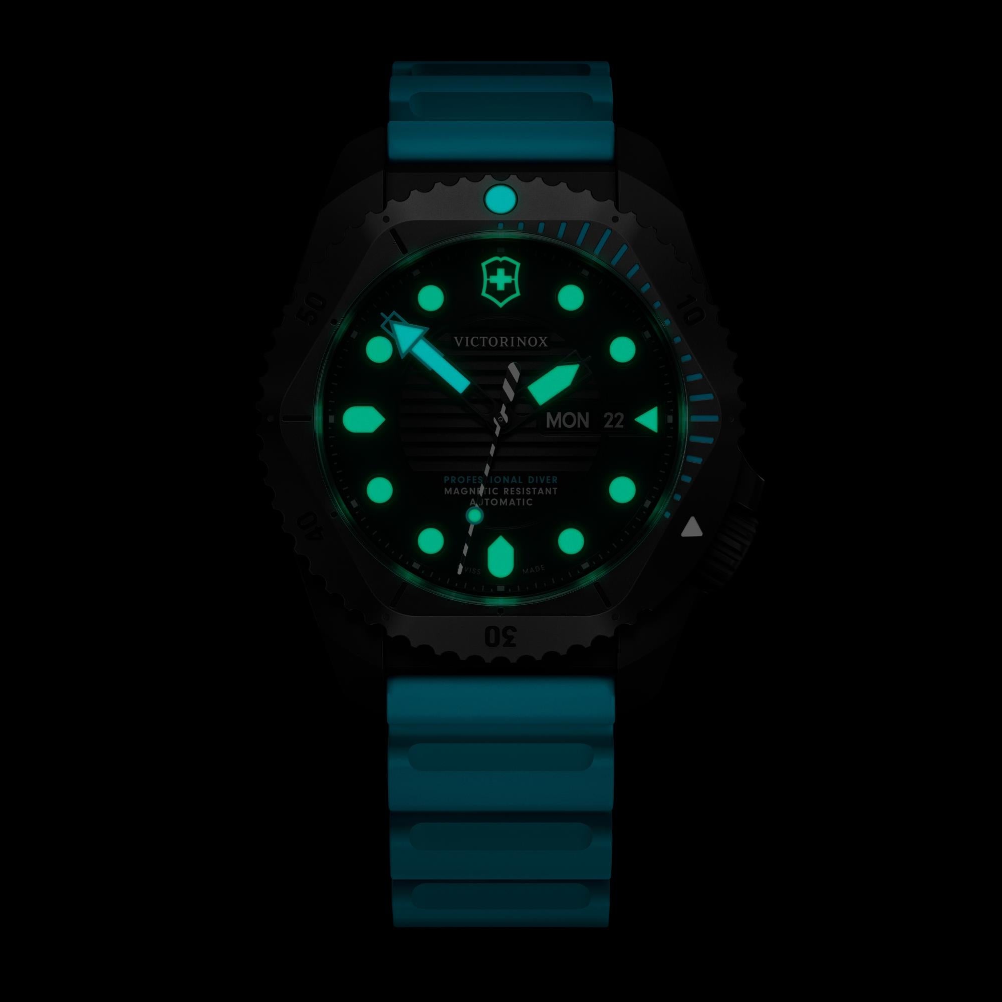 Victorinox Dive Pro black matt dial automatic watch 242071 in dark environment