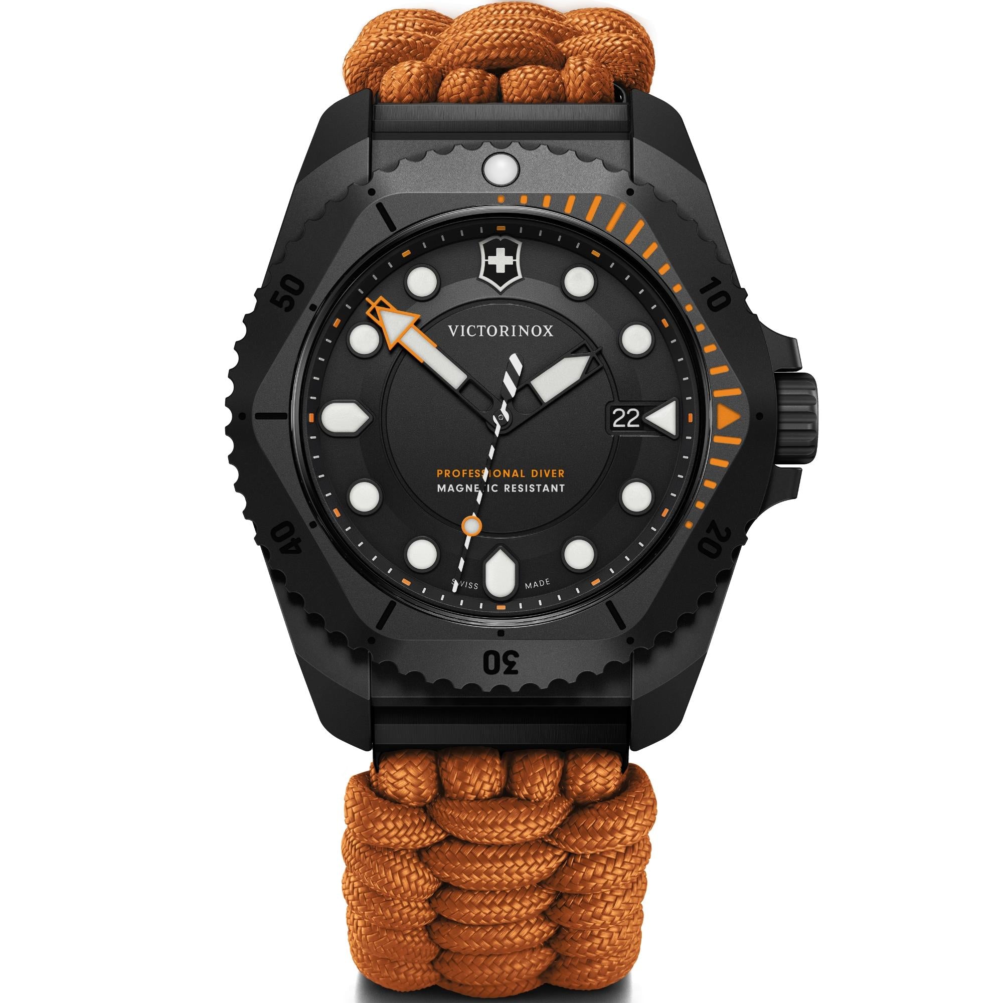 Victorinox Dive Pro 43mm Quartz titanium matt black dial orange paracord watch 242069.1 front view