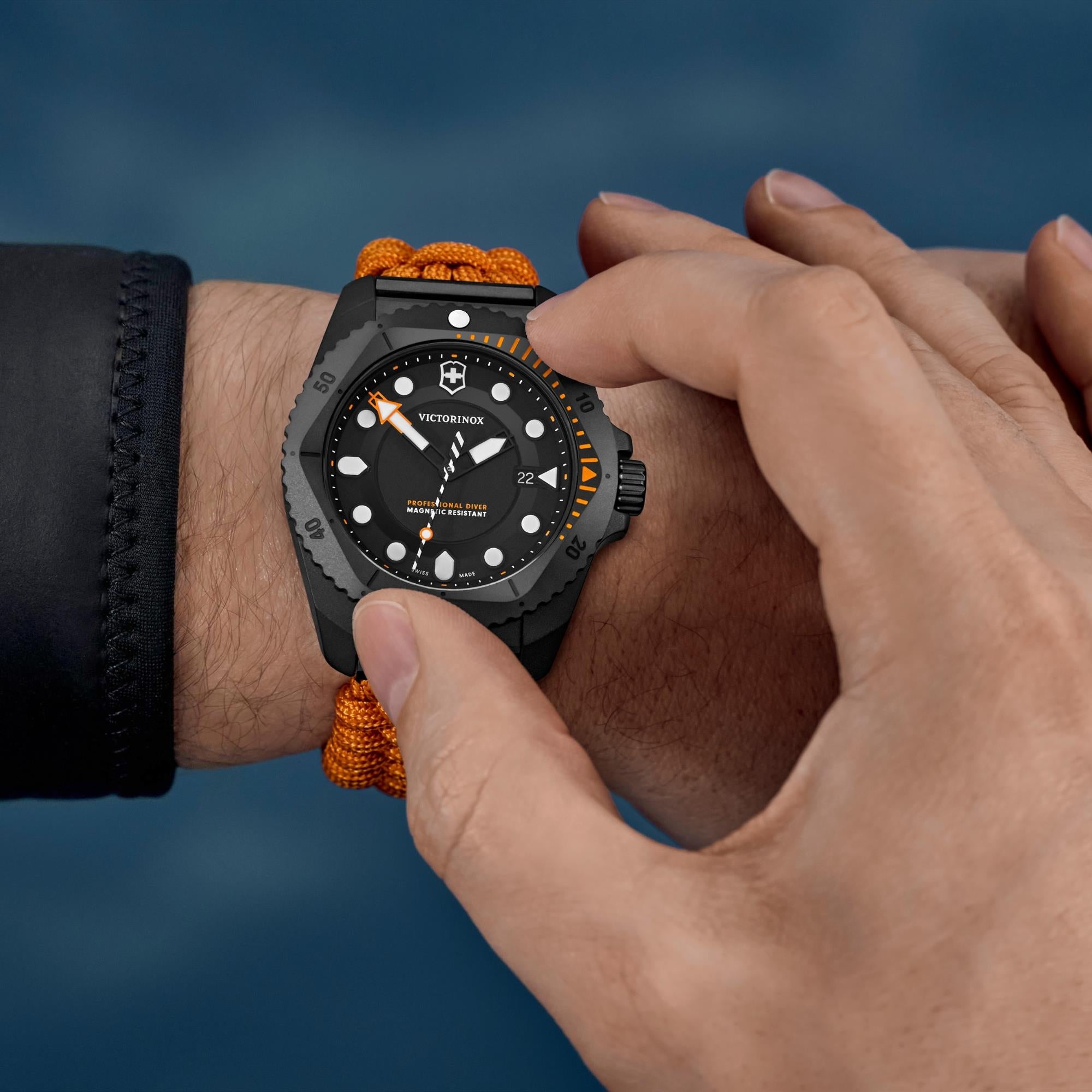 Victorinox Dive Pro Quartz matt black 242069.1 titanium watch worn on wrist