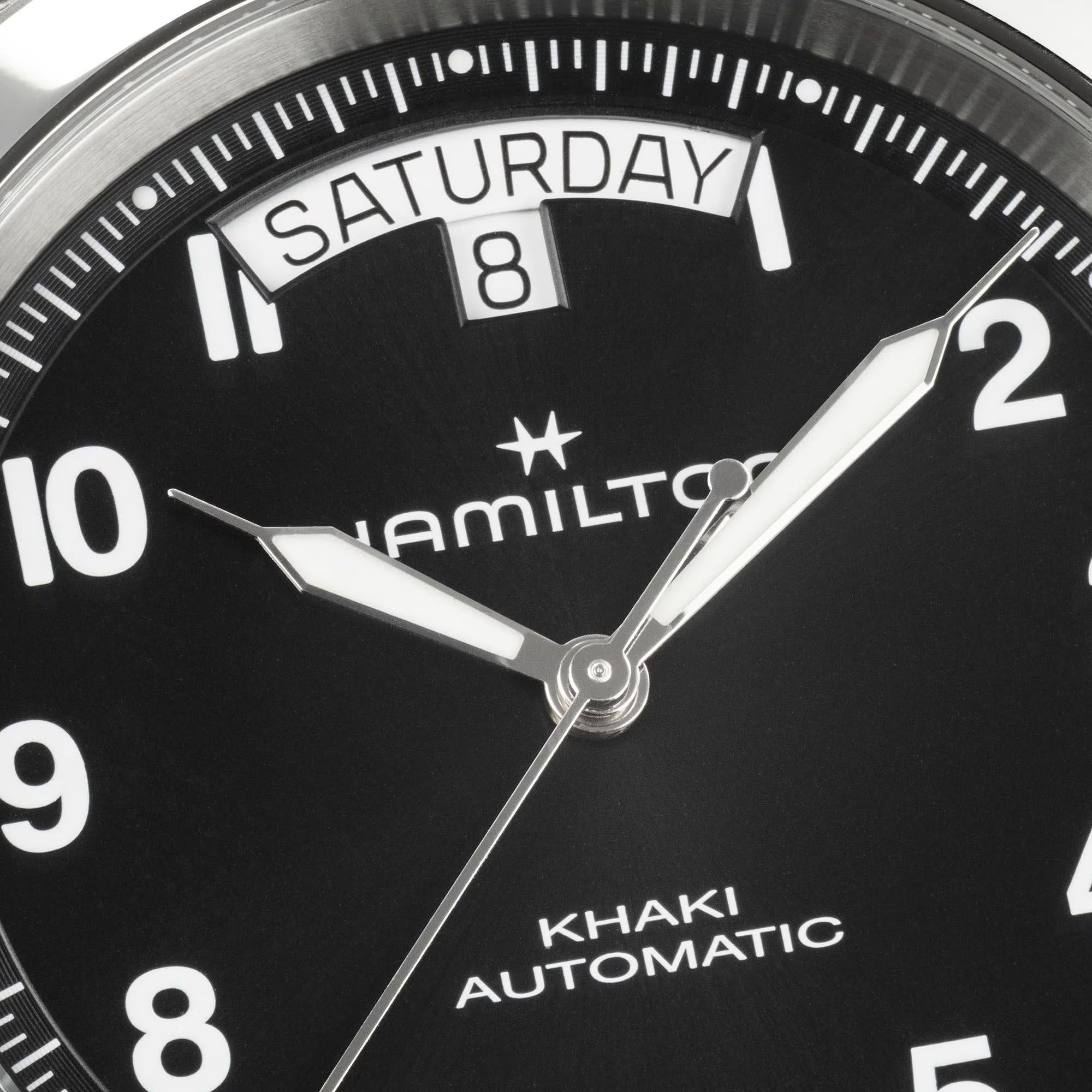 Hamilton Khaki Field H64475531 black dial with day-date display at 12 o'clock close-up