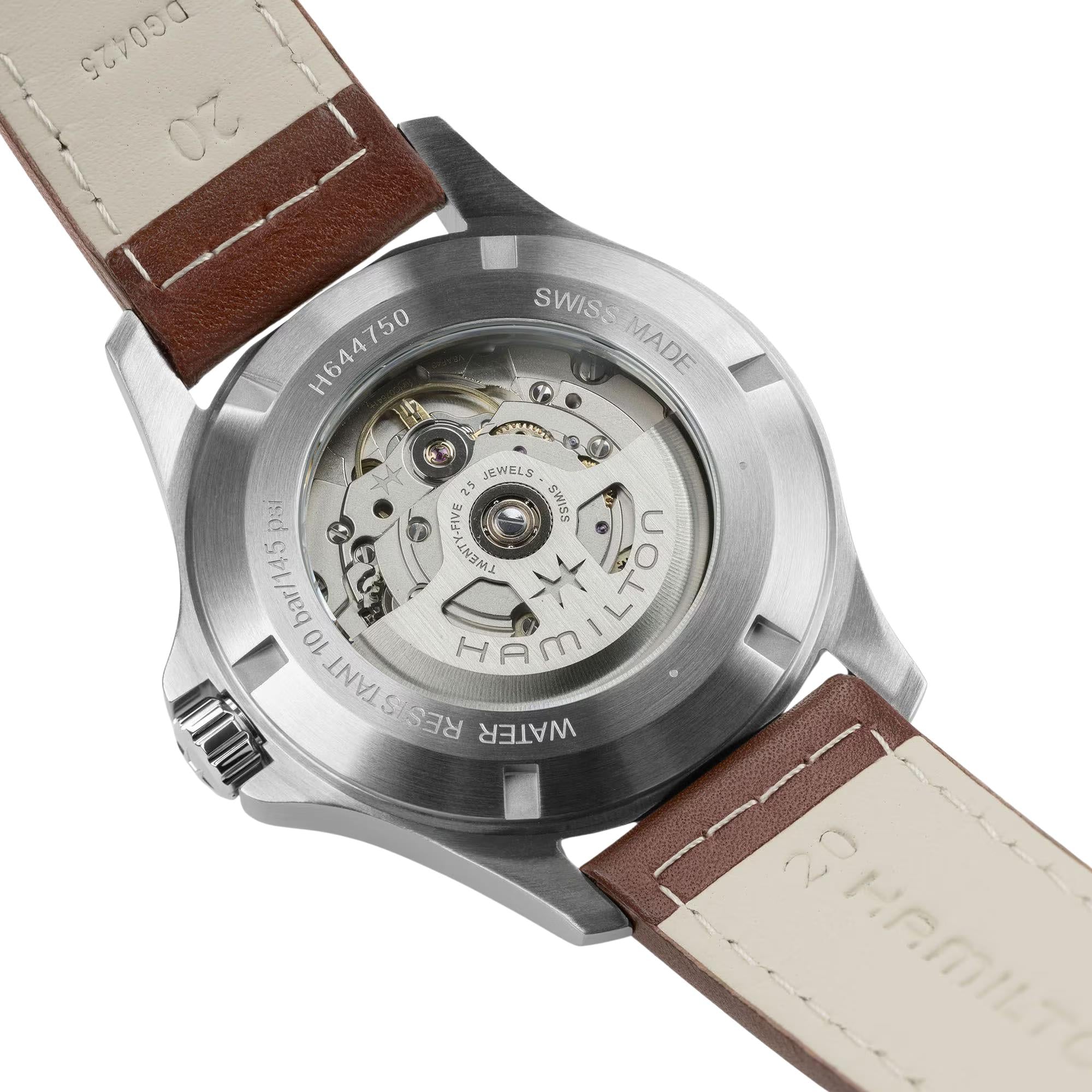 Hamilton Khaki Field H64475531 exhibition caseback revealing H-40 movement