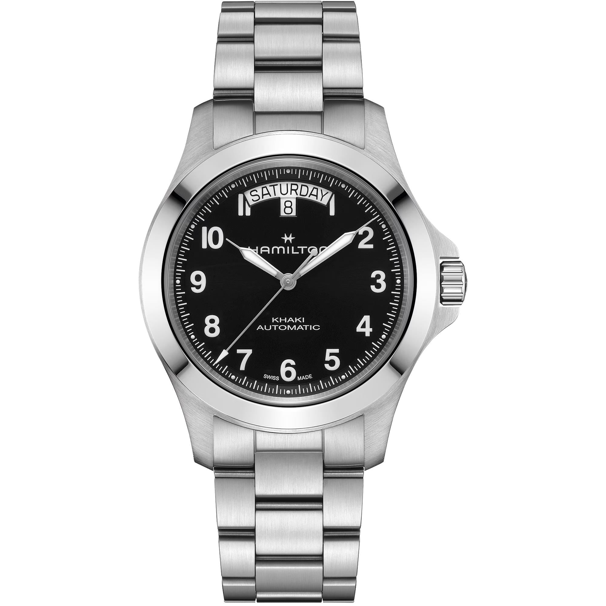 Hamilton Khaki Field King collection black dial steel day date automatic watch H64475131 front view