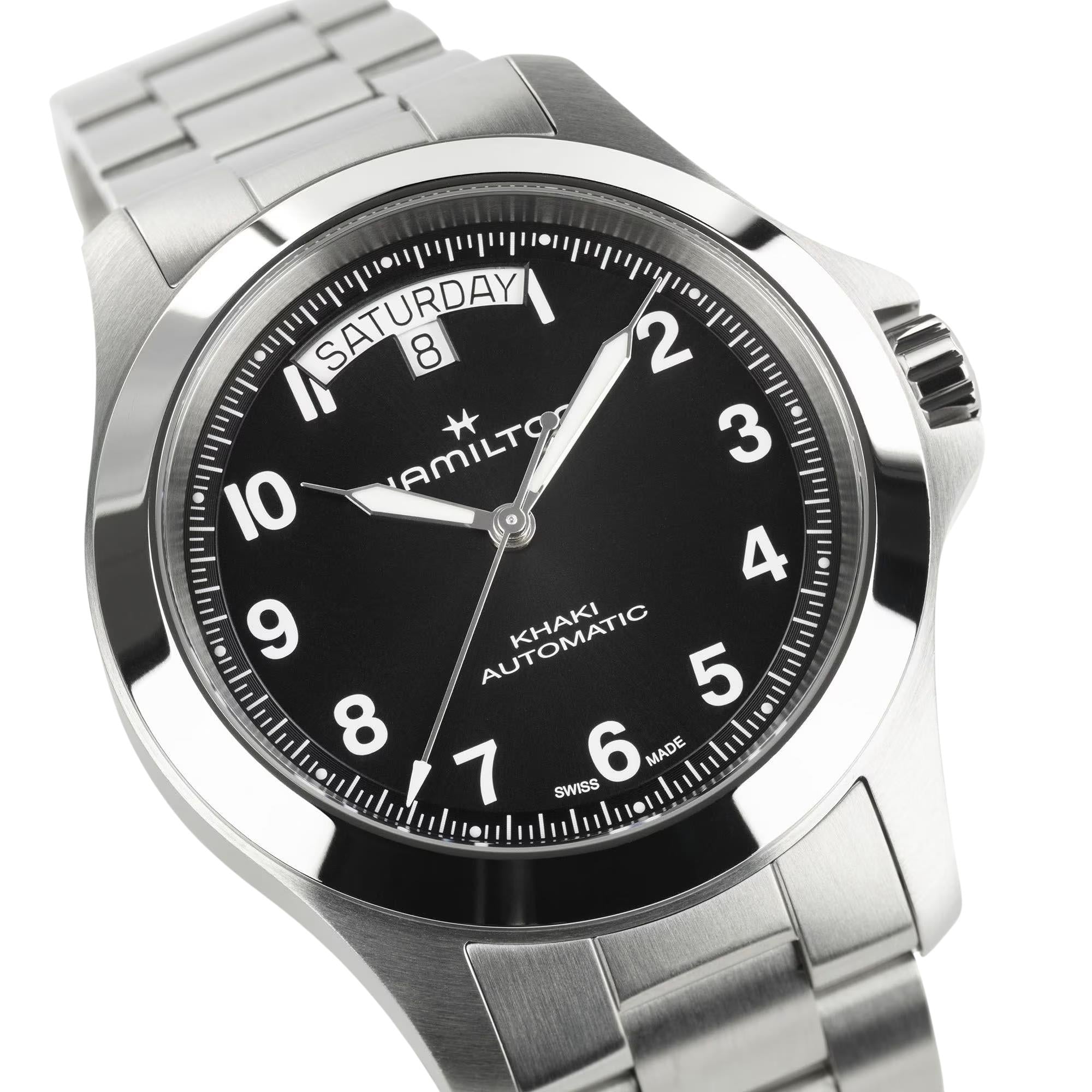 Hamilton Khaki Field H64475131 black dial with day-date display at 12 o clock close-up