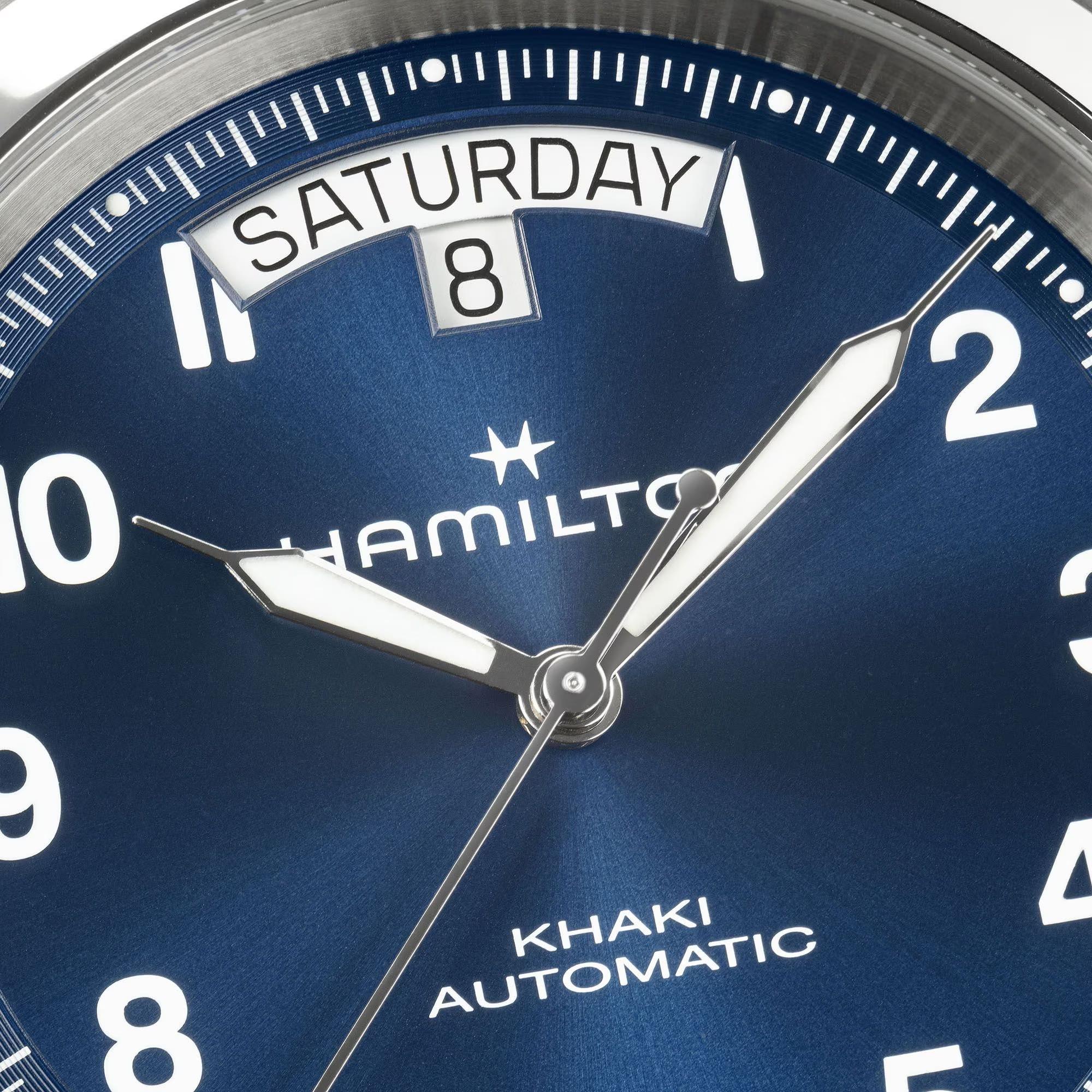 Hamilton H64475540 blue sunray dial with day-date display at 12 o'clock close-up