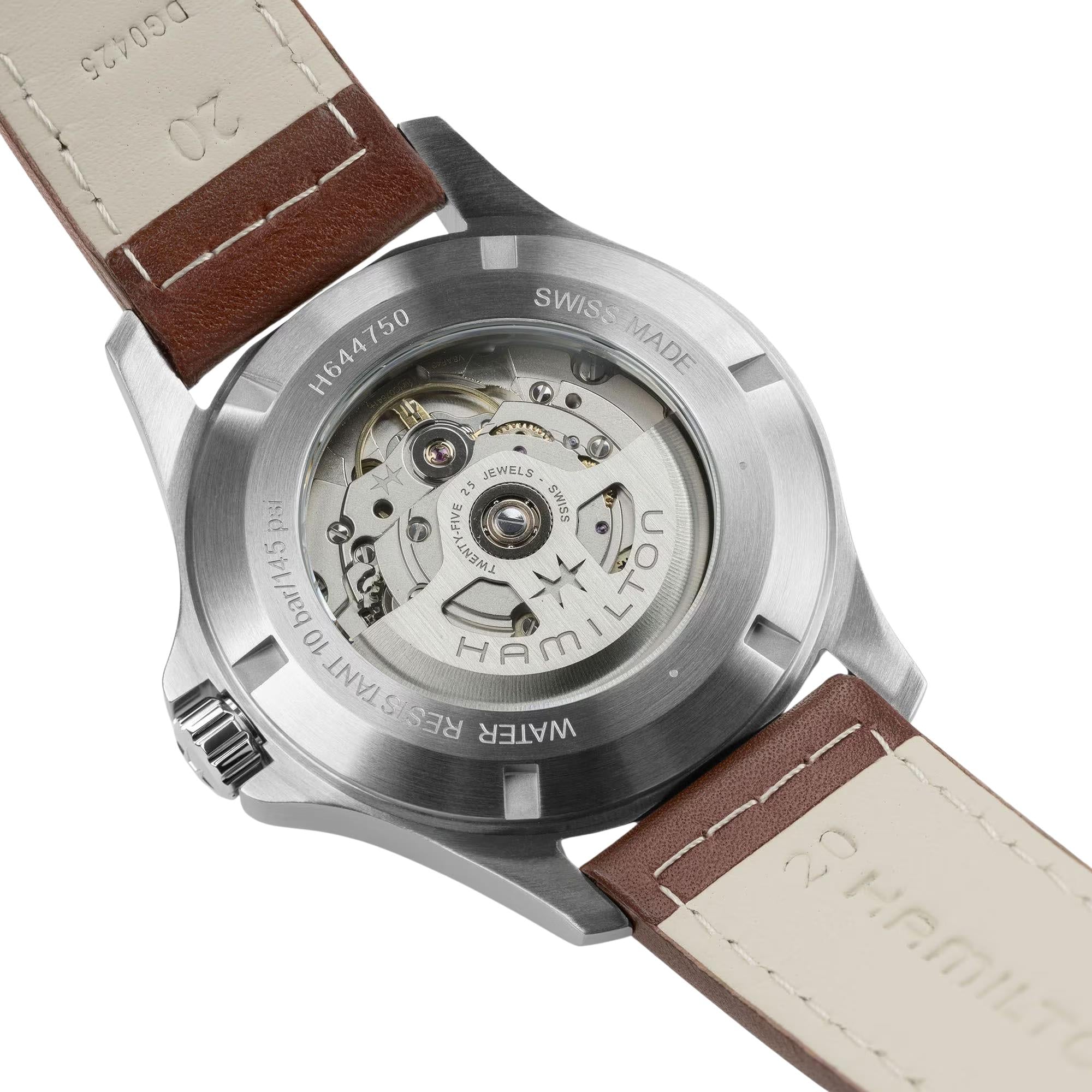 Hamilton H64475560 brown leather strap and case back view