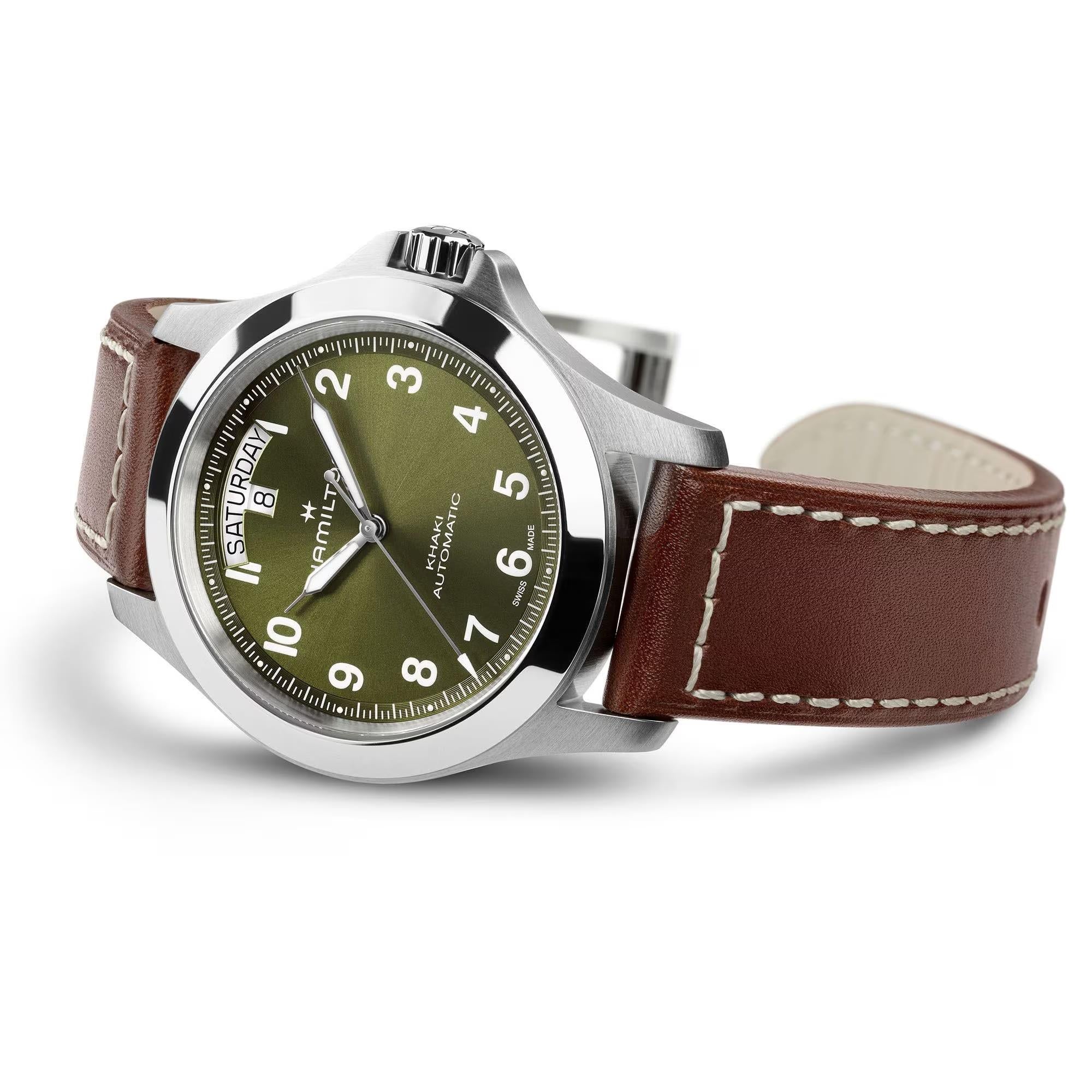 Hamilton Khaki Field King H64475560 green leather strap watch on white background