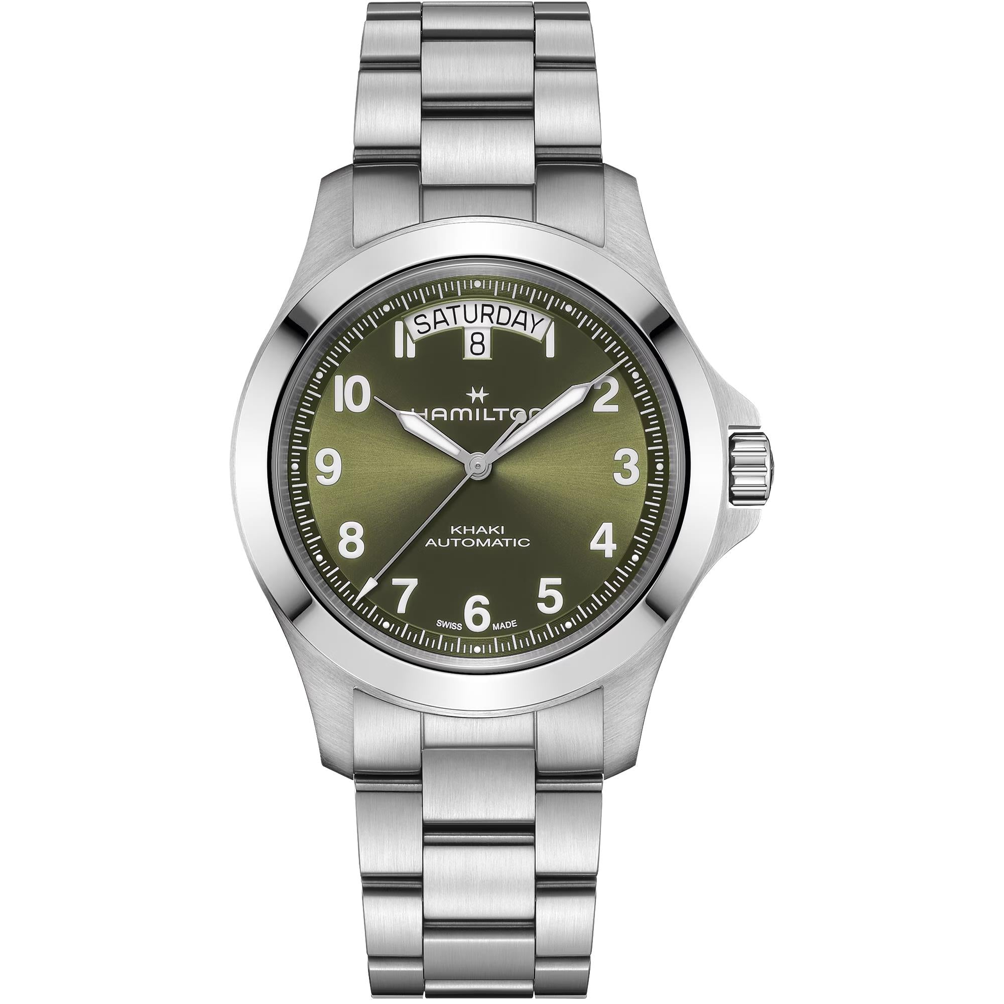 Hamilton Khaki Field King 40mm green sunray dial day-date steel automatic watch H64475160 front view