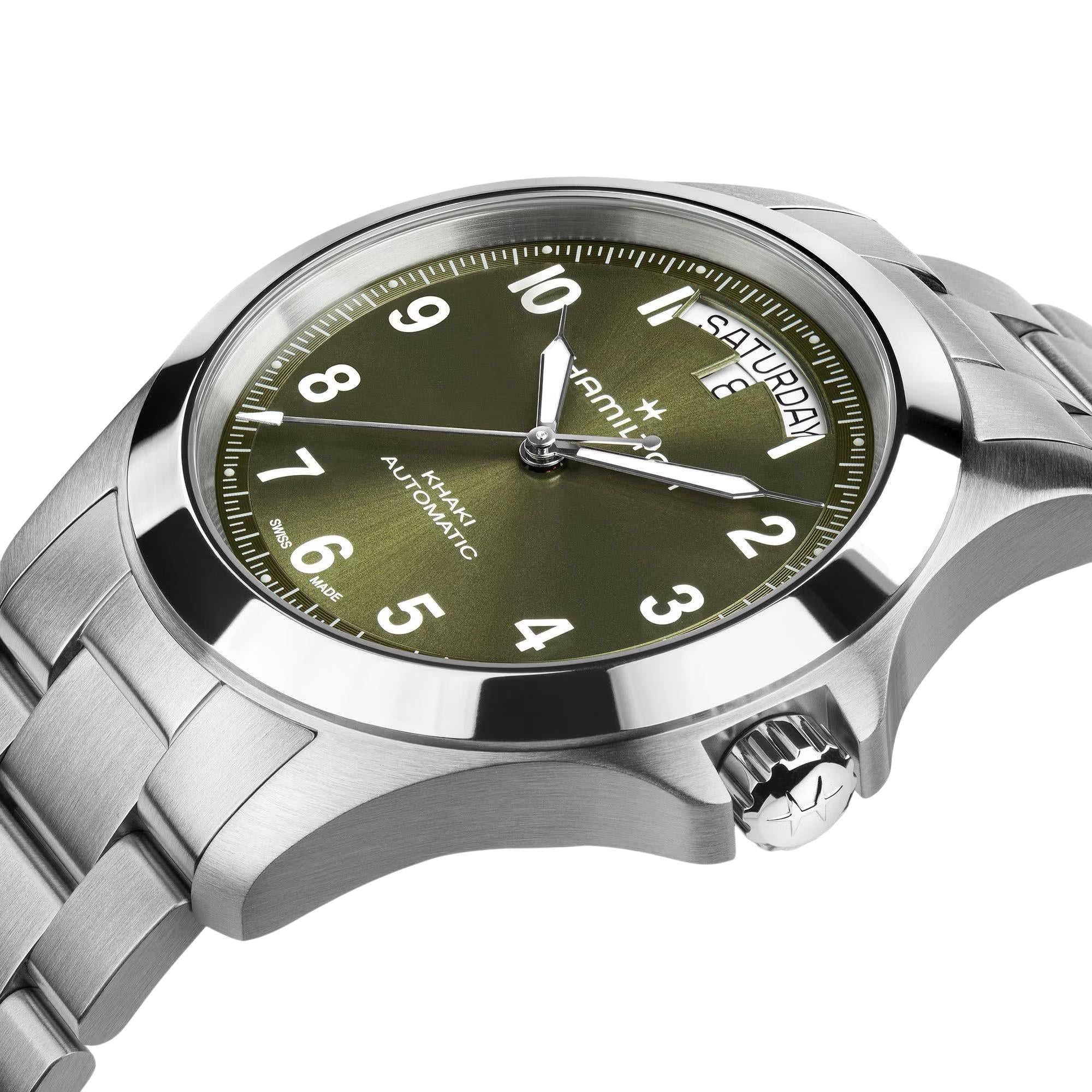 Hamilton H64475160 green sunray dial with day-date display at 12 o'clock and crown guards