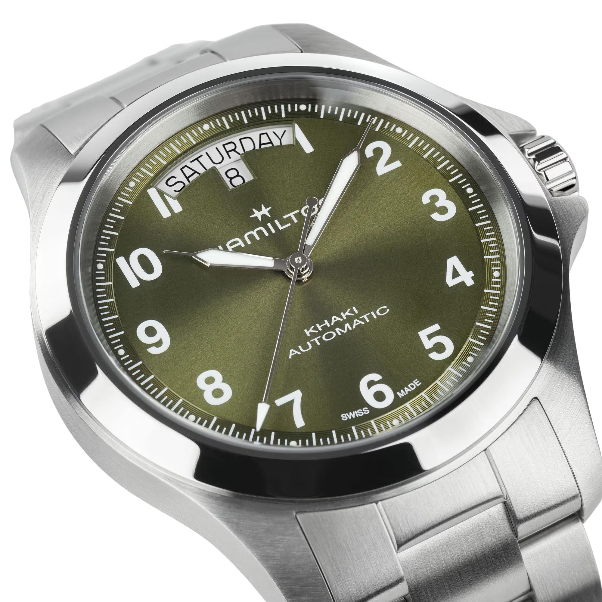 Hamilton H64475160 green sunray dial with day-date display at 12 o'clock and crown guards close-up