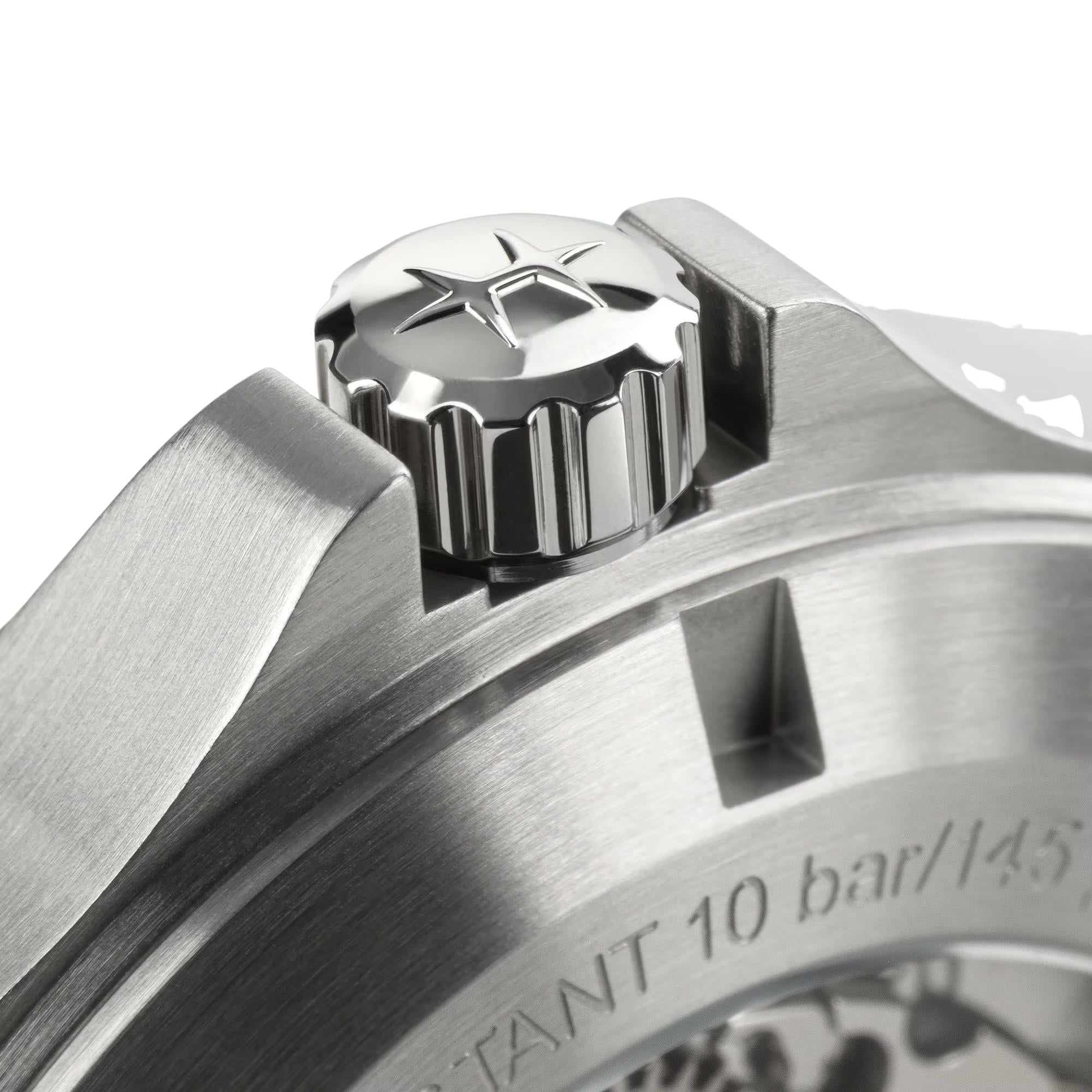 Close-up of a Hamilton 40mm H64475160 watch crown engraved