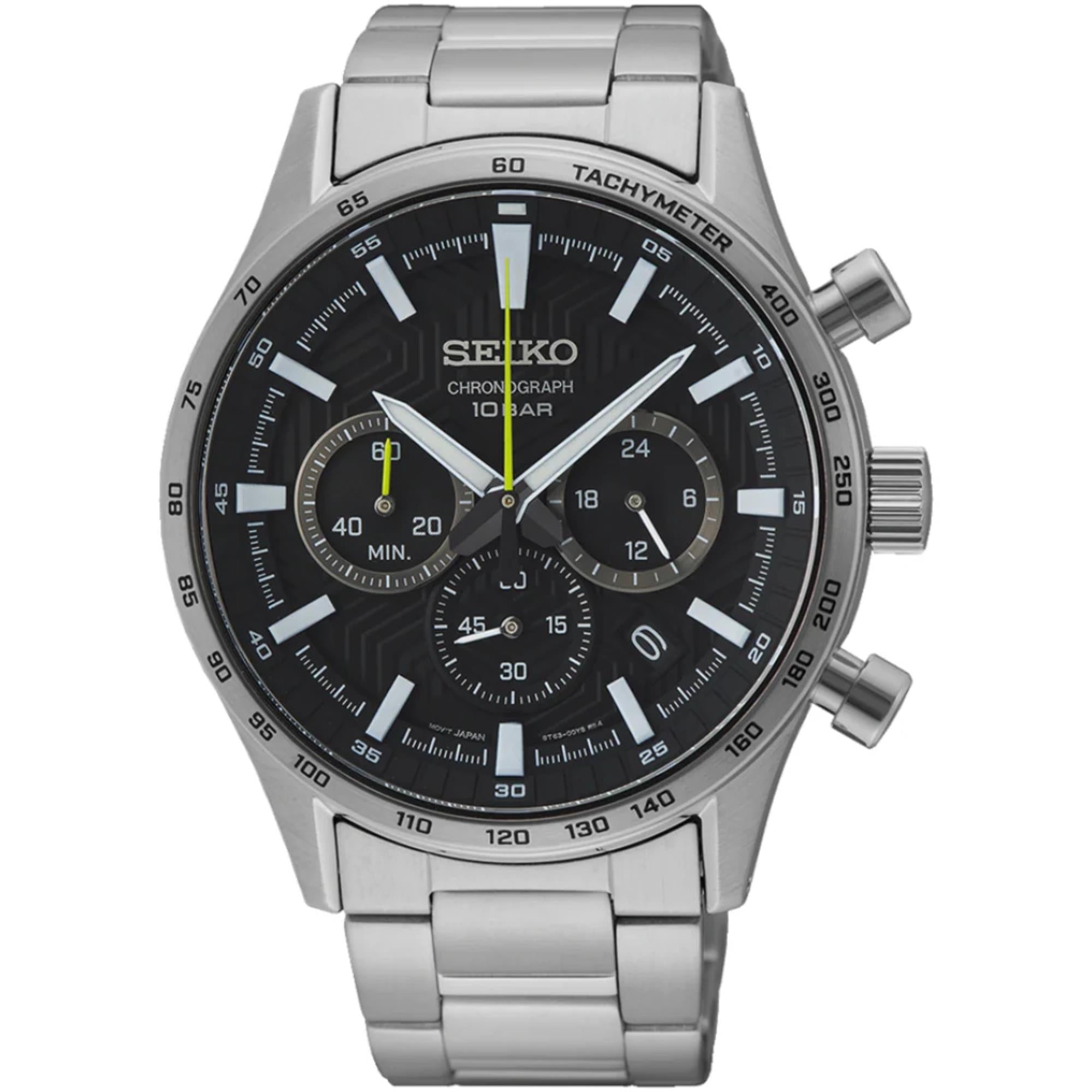 Seiko Essentials 43mm Chronograph black dial tachymeter watch SSB413P1 front view