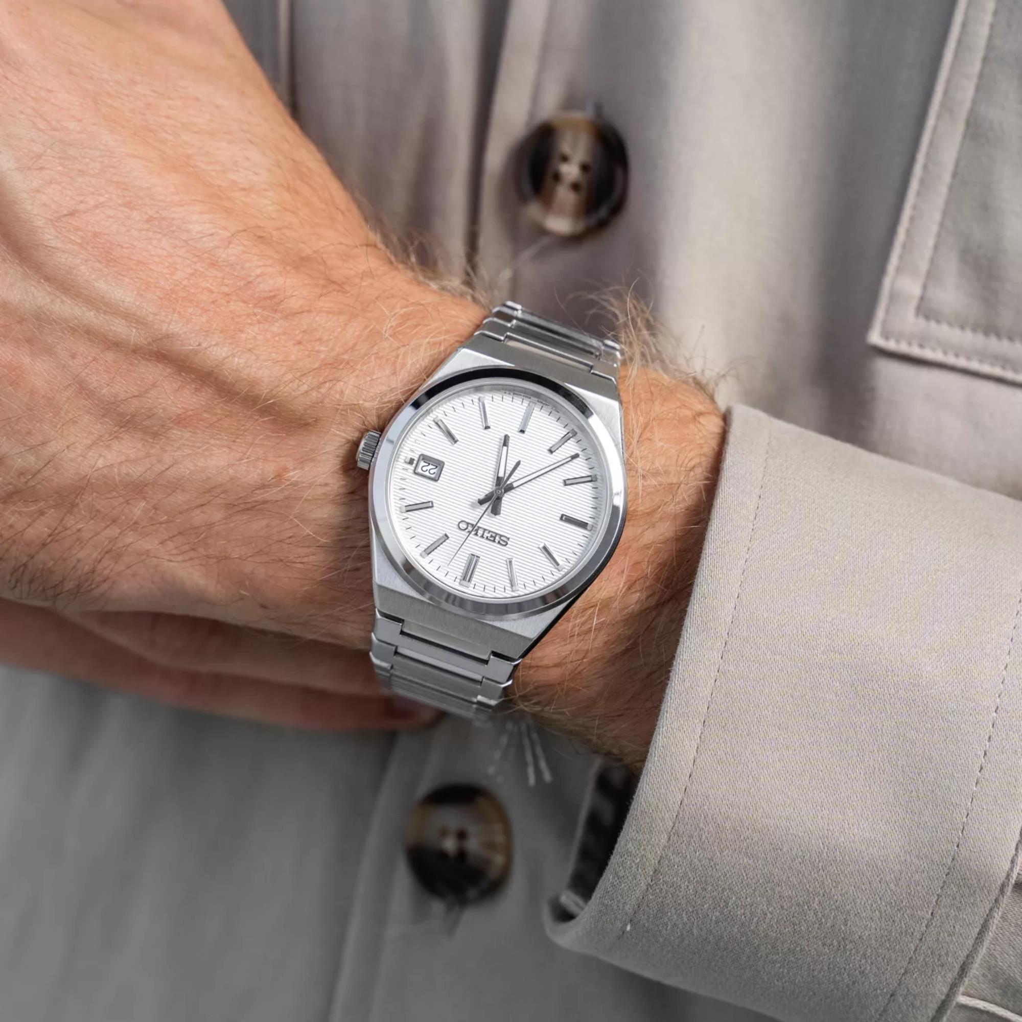 Seiko Essentials SUR553P1 quartz watch on wrist