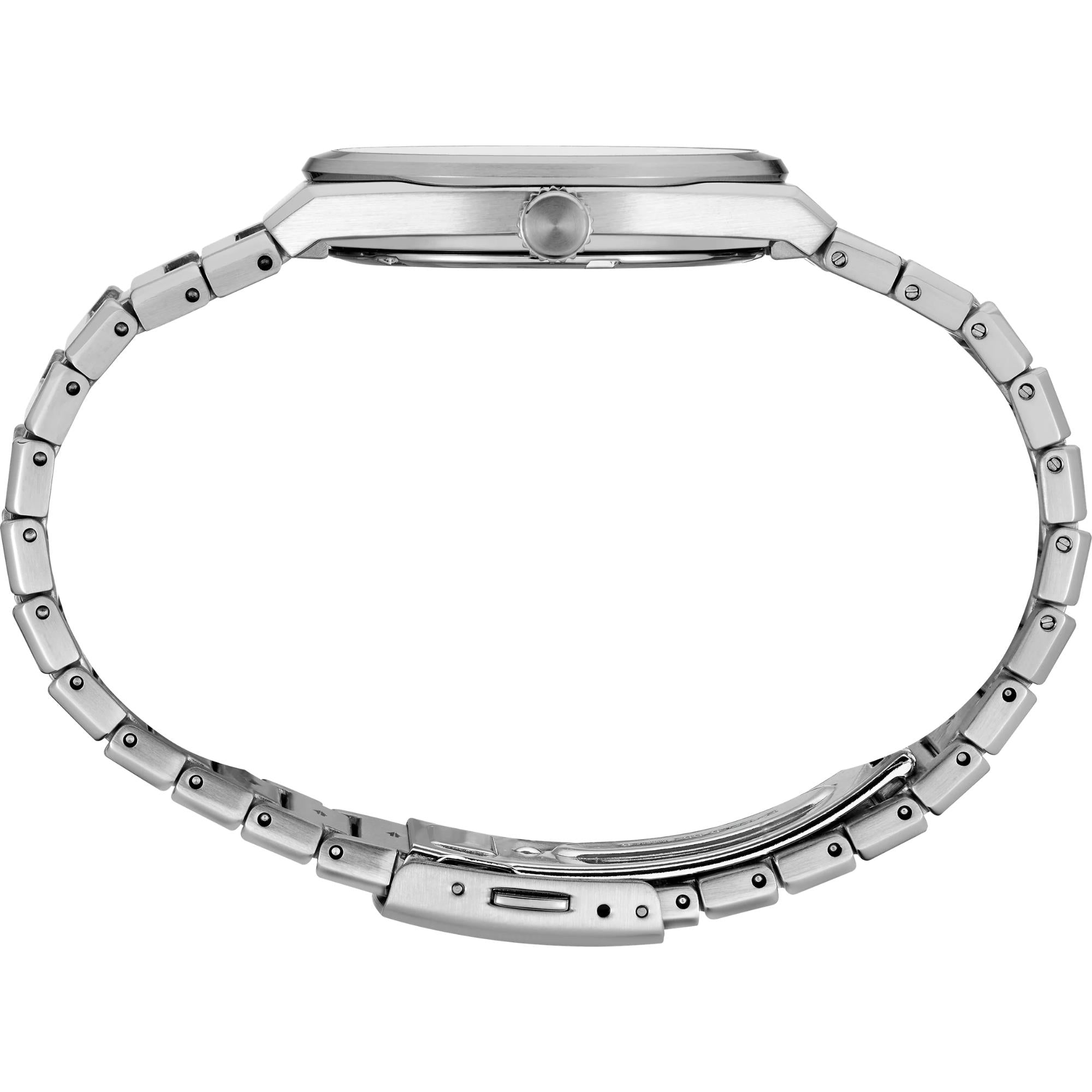 Seiko Essentials SUR557P1 stainless steel case and bracelet side view