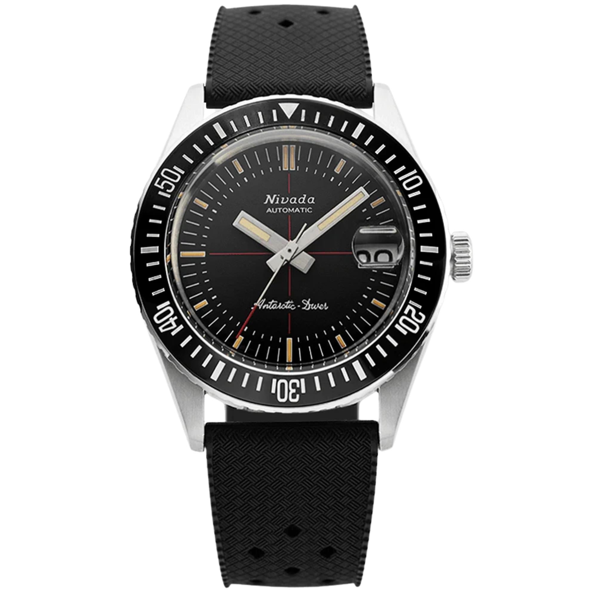 Nivada Grenchen Antarctic Diver 38mm Black Matte Crosshair Dial Rubber Mens Automatic Watch 32038A01