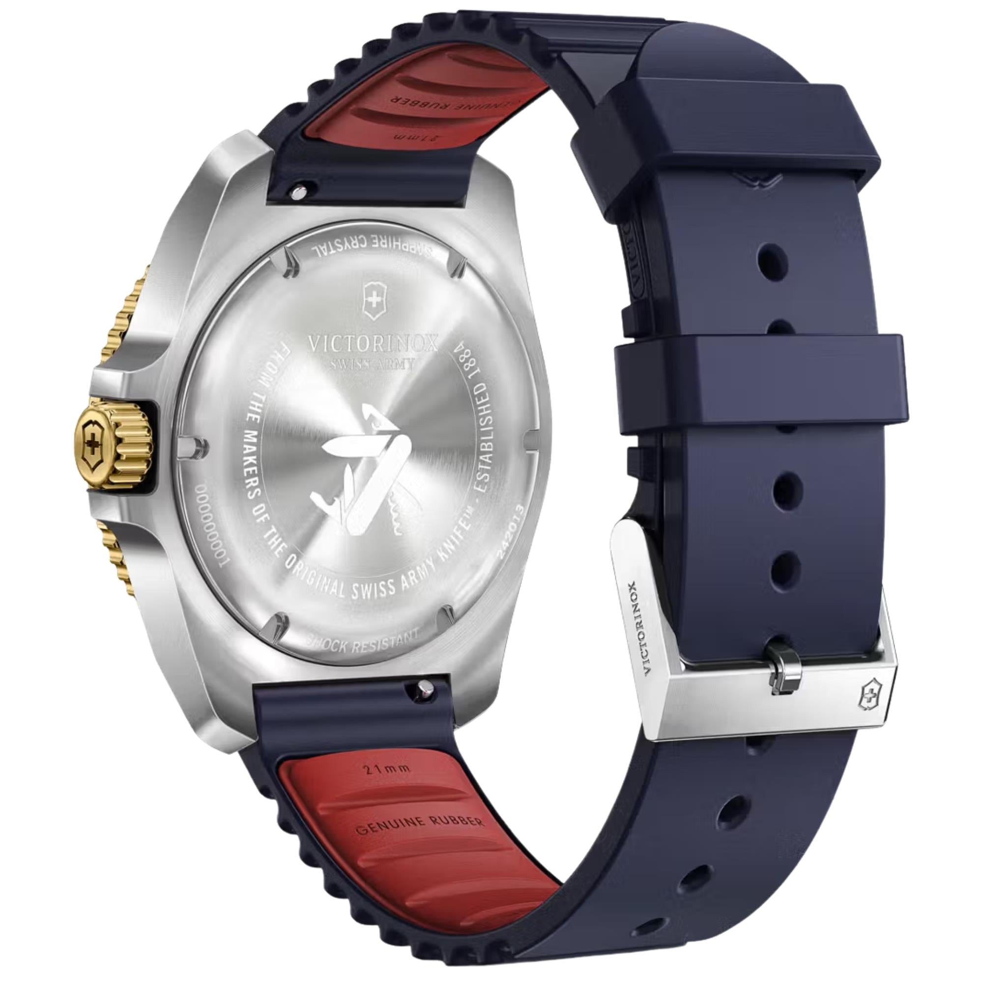 Victorinox 242013 blue rubber strap and pin buckle detail  