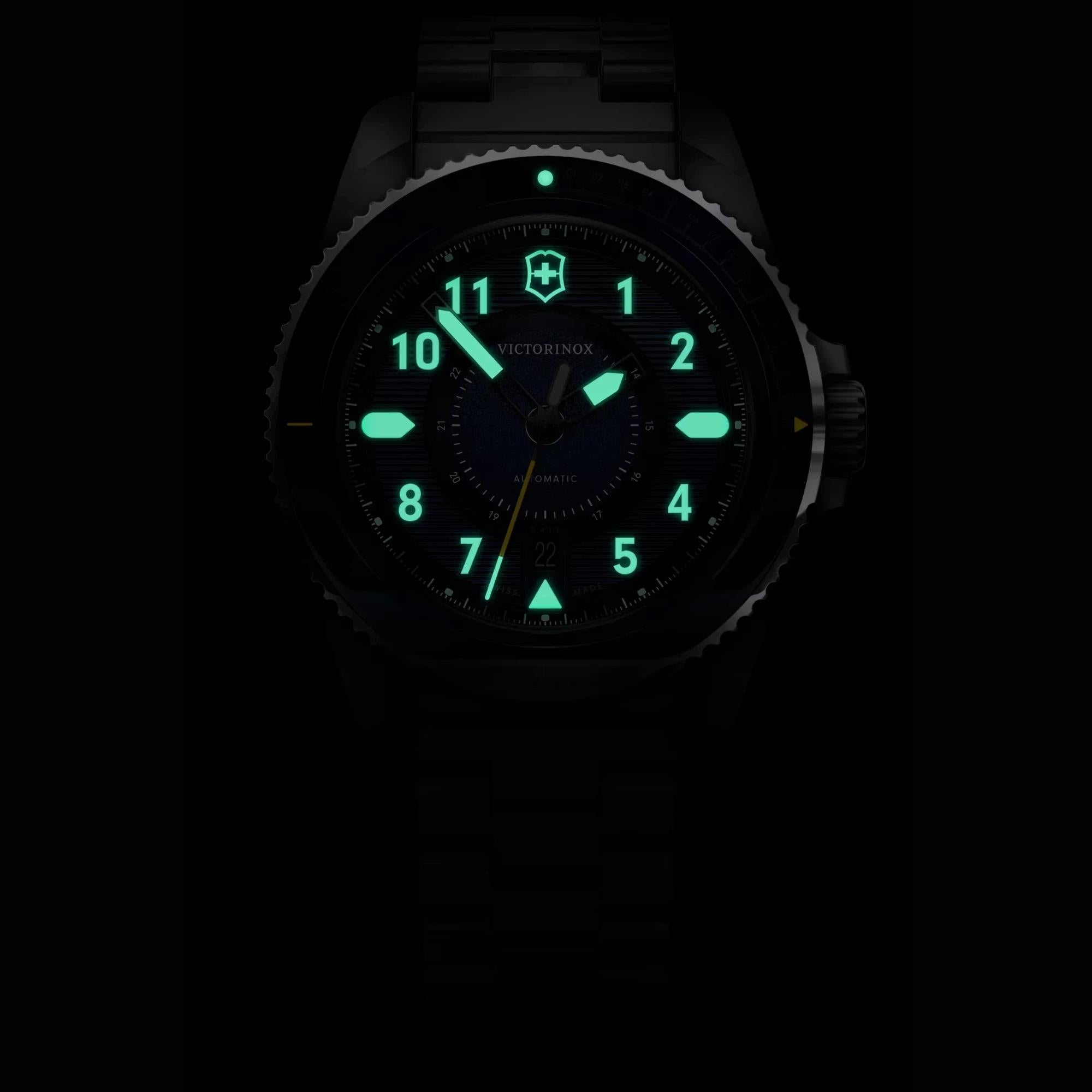 Victorinox Journey 1884 dial automatic 242010 showing luminous hands and markers