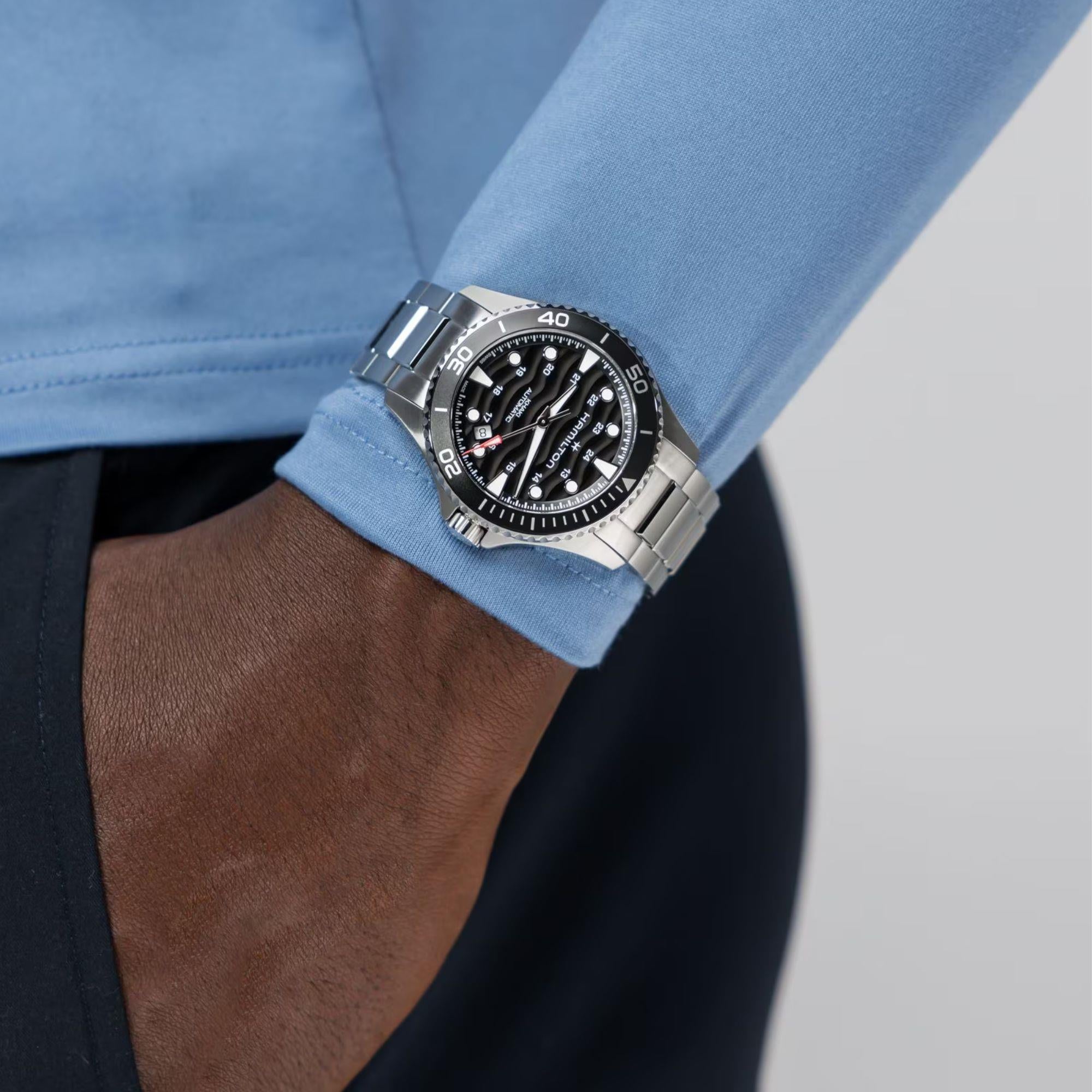 Hamilton Khaki Navy Scuba GMT Black Dial Steel watch worn on wrist H82555130